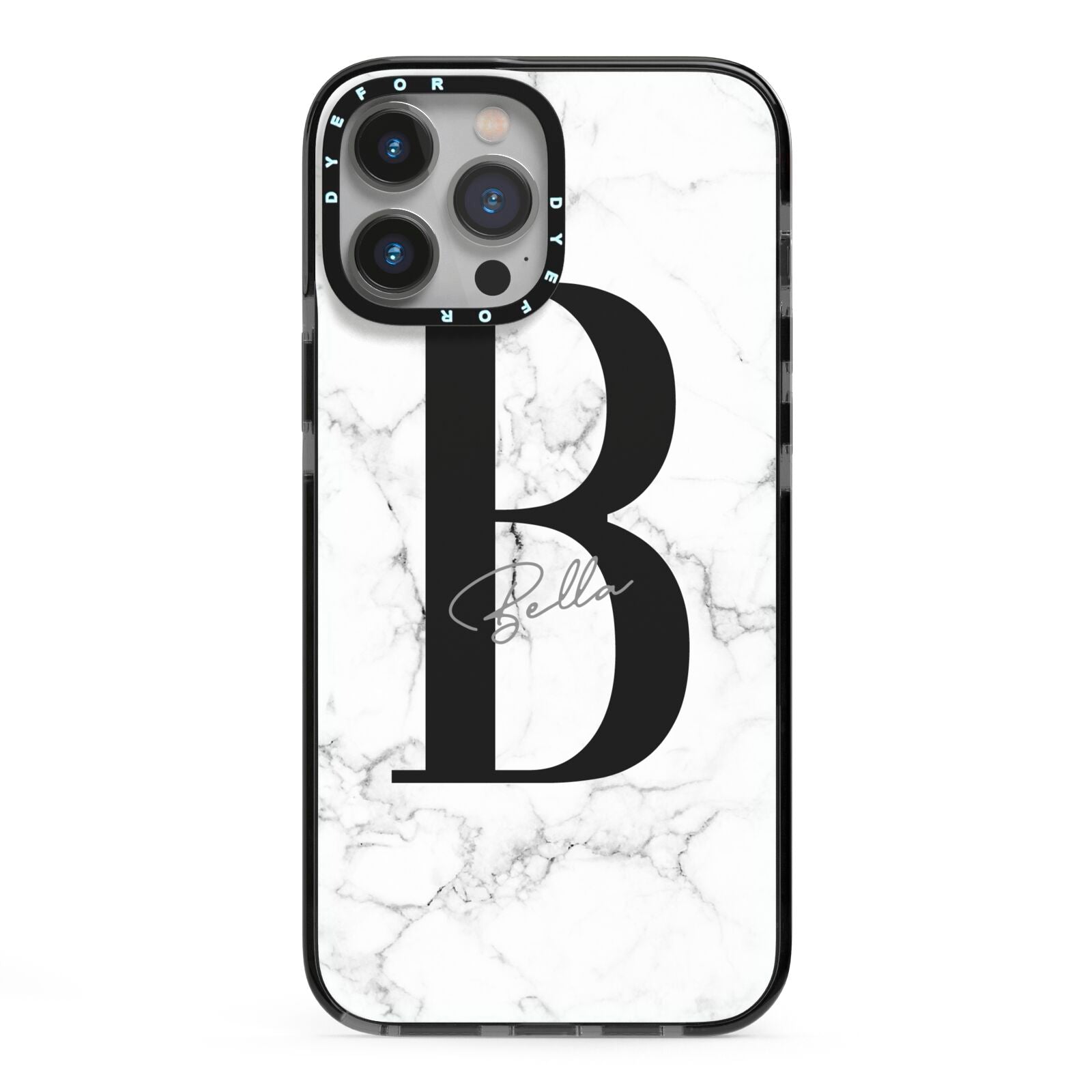 Monogrammed White Marble iPhone 13 Pro Max Black Impact Case on Silver phone