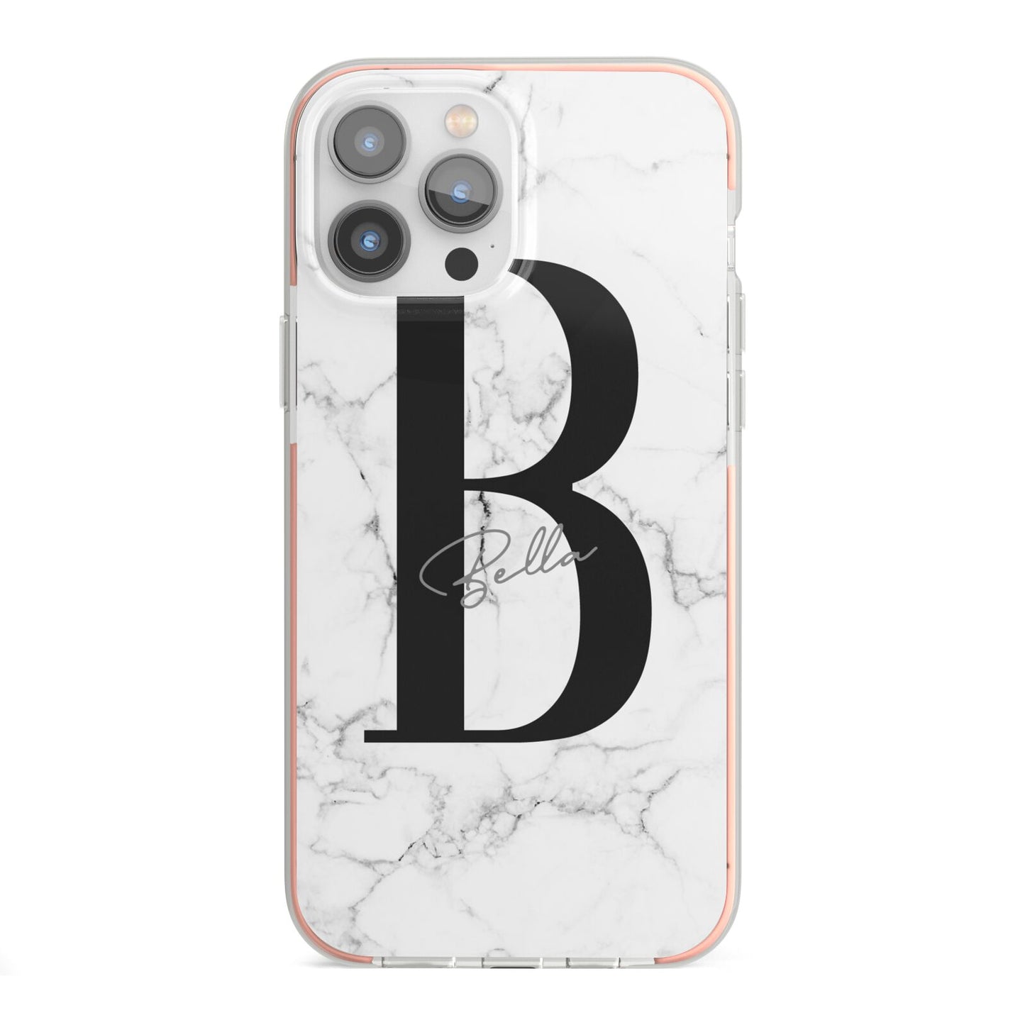 Monogrammed White Marble iPhone 13 Pro Max TPU Impact Case with Pink Edges