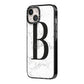 Monogrammed White Marble iPhone 14 Black Impact Case Side Angle on Silver phone