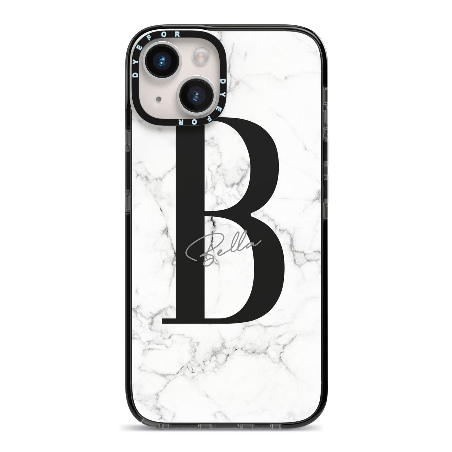Monogrammed White Marble iPhone 14 Black Impact Case on Silver phone