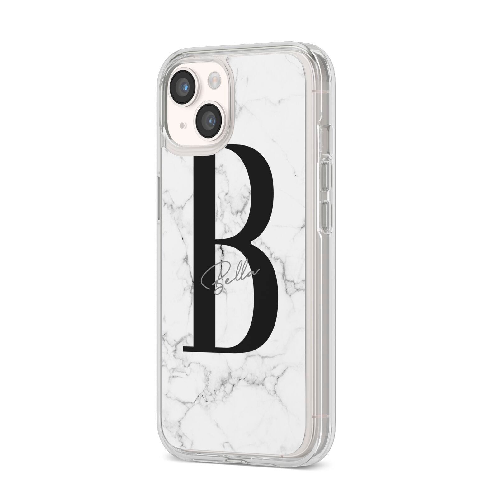 Monogrammed White Marble iPhone 14 Clear Tough Case Starlight Angled Image