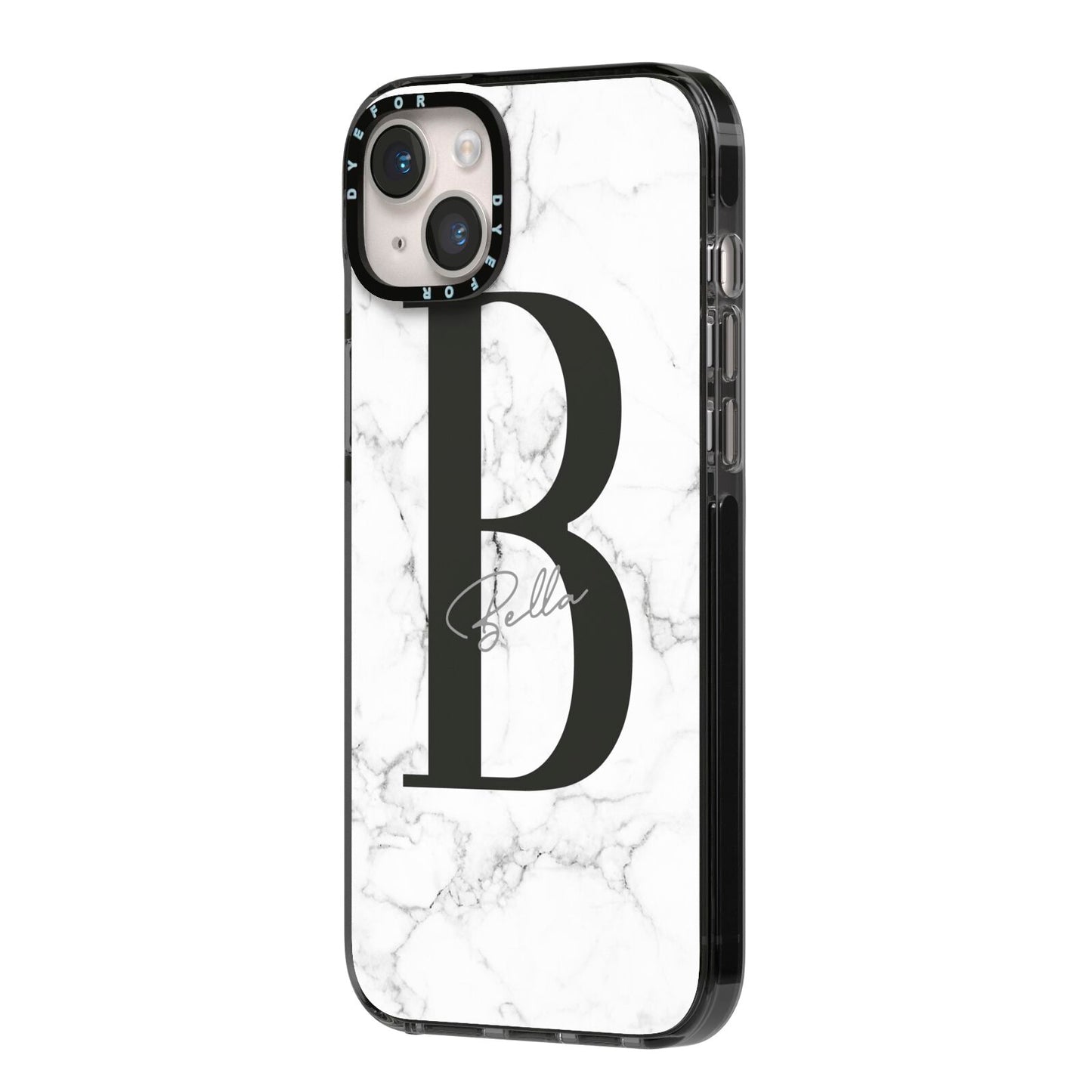 Monogrammed White Marble iPhone 14 Plus Black Impact Case Side Angle on Silver phone