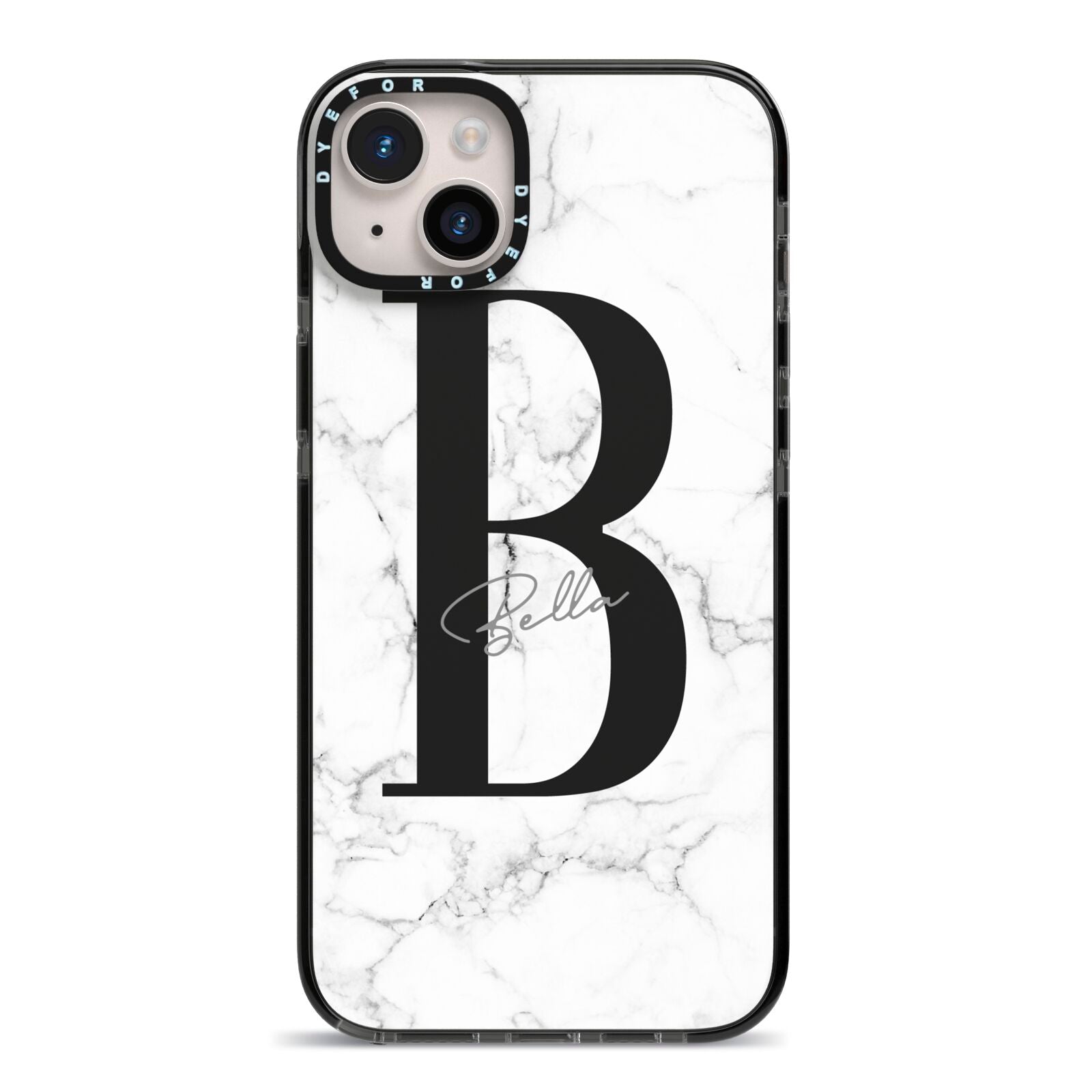 Monogrammed White Marble iPhone 14 Plus Black Impact Case on Silver phone