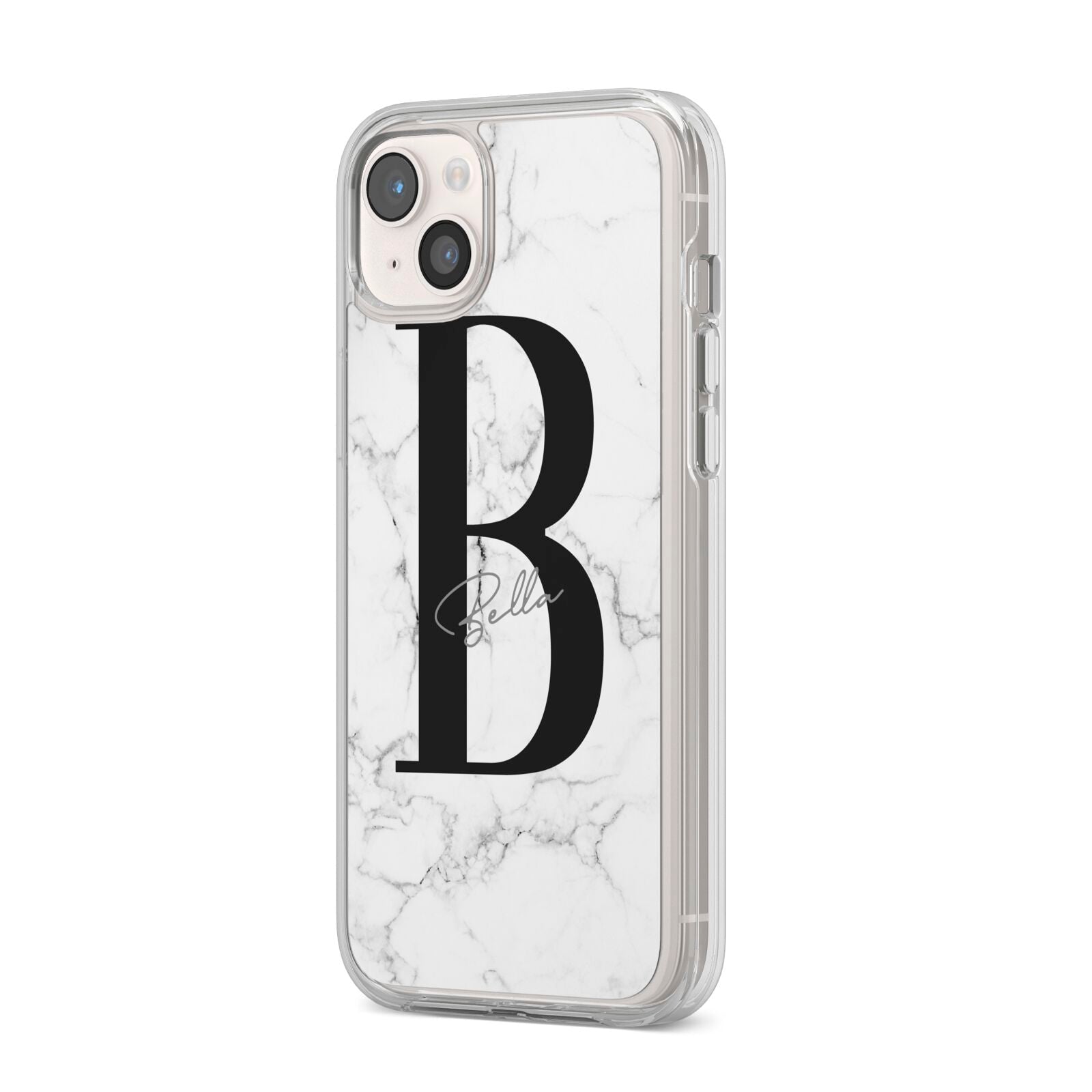 Monogrammed White Marble iPhone 14 Plus Clear Tough Case Starlight Angled Image