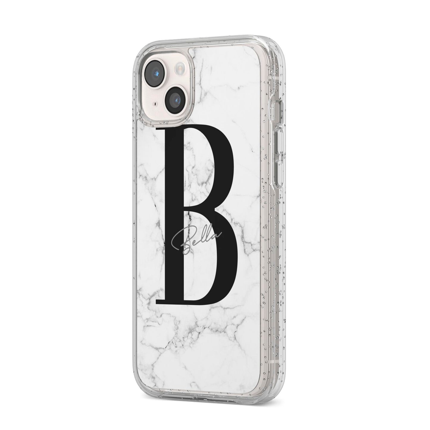 Monogrammed White Marble iPhone 14 Plus Glitter Tough Case Starlight Angled Image