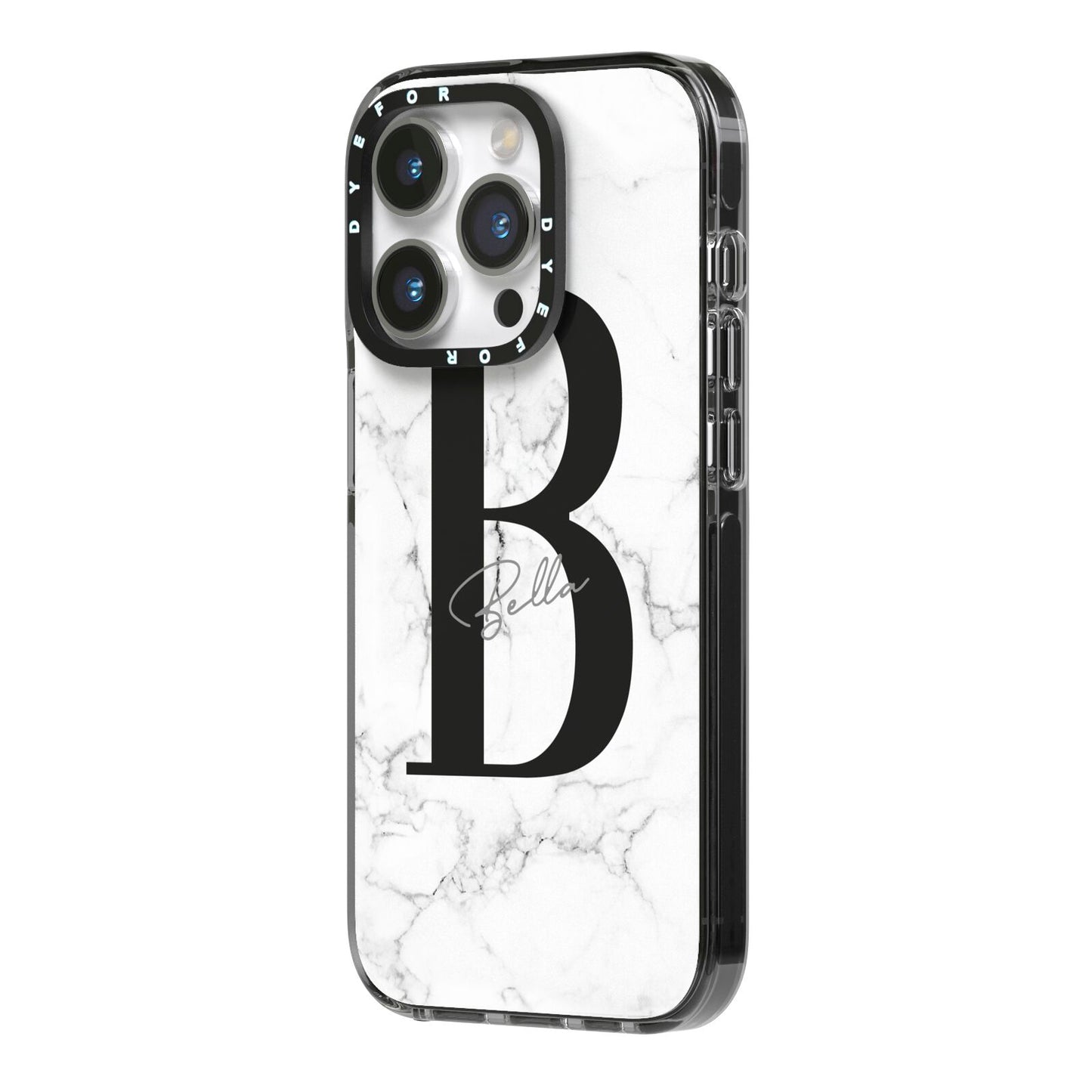 Monogrammed White Marble iPhone 14 Pro Black Impact Case Side Angle on Silver phone