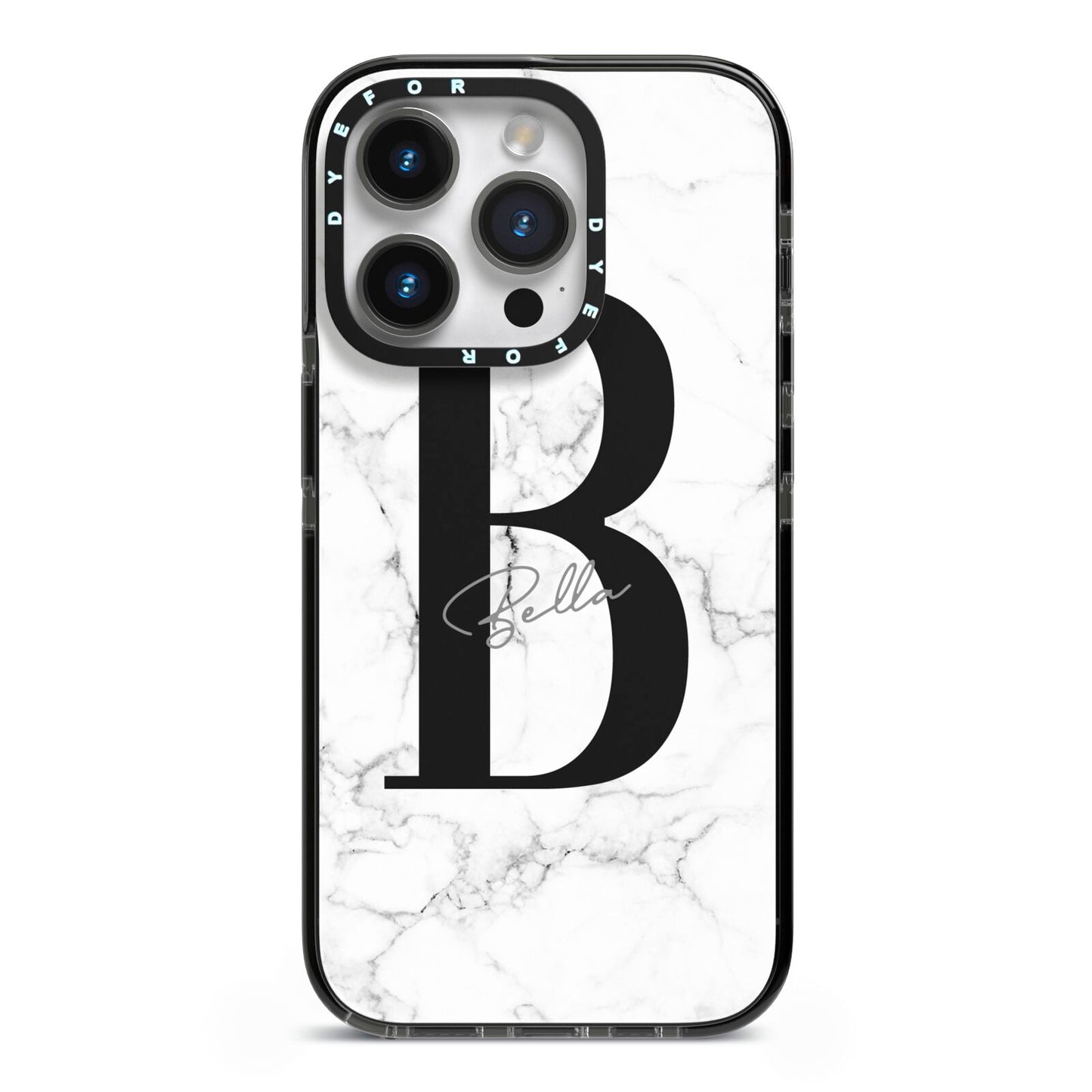 Monogrammed White Marble iPhone 14 Pro Black Impact Case on Silver phone