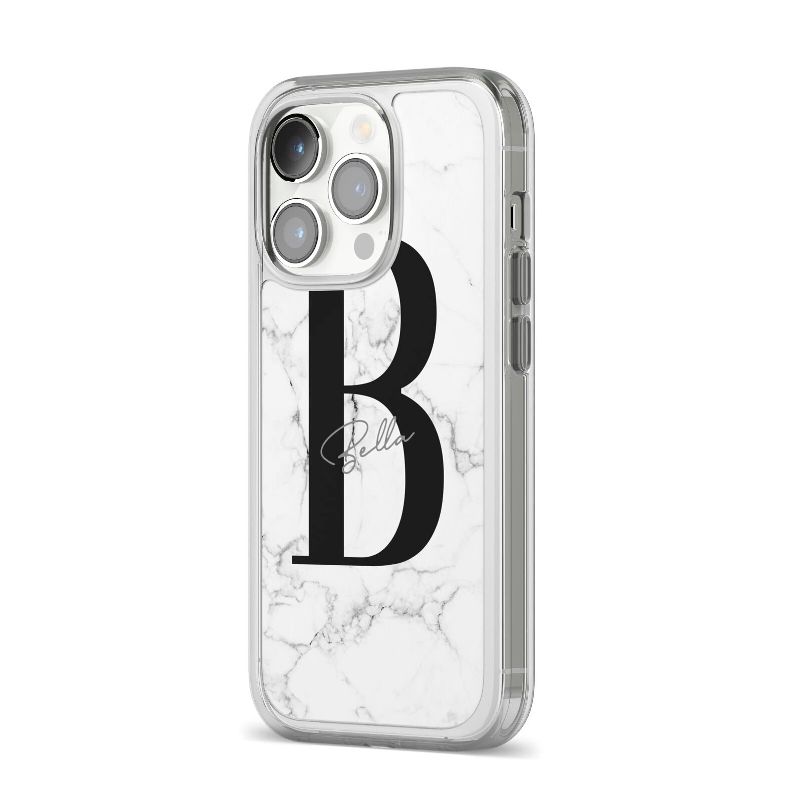 Monogrammed White Marble iPhone 14 Pro Clear Tough Case Silver Angled Image