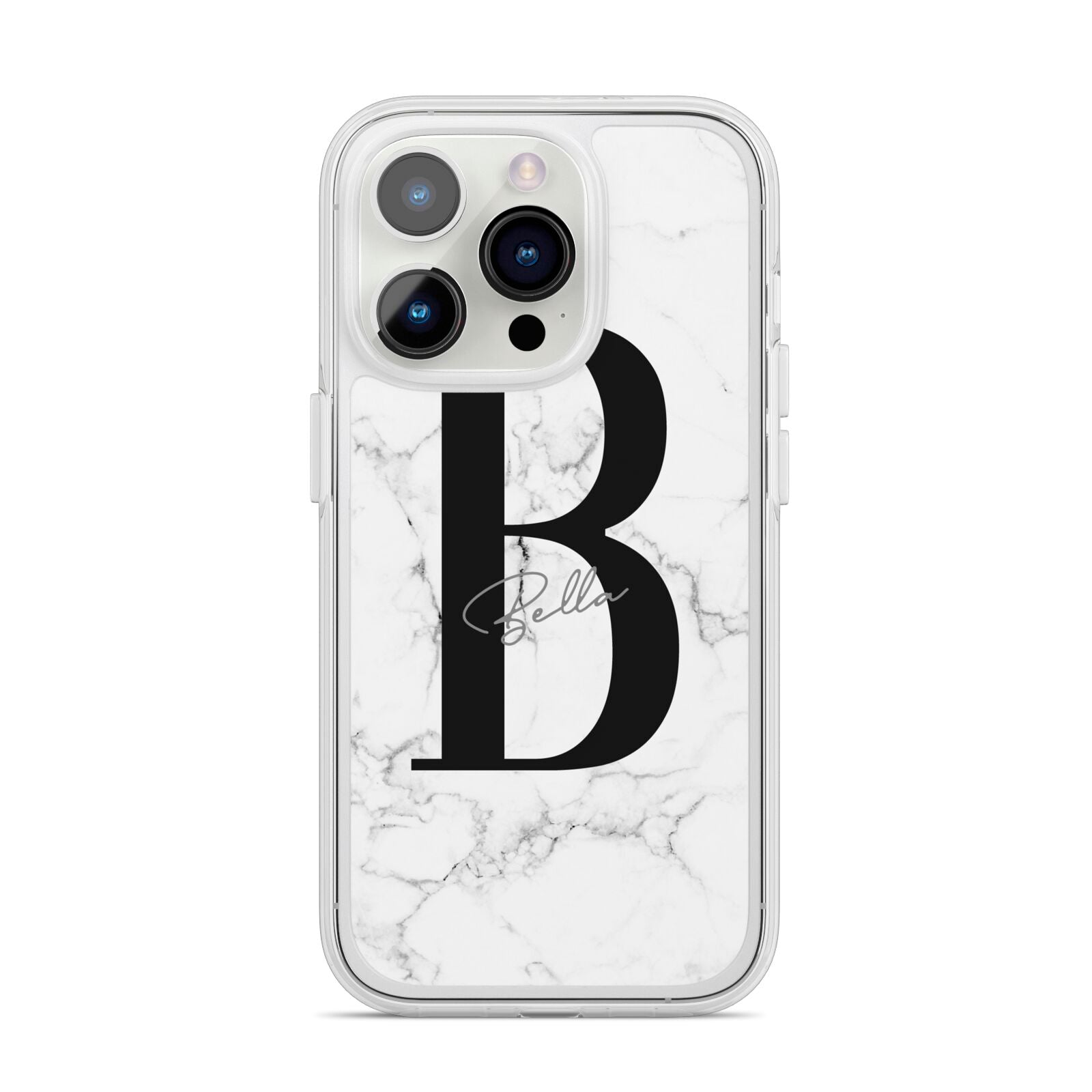 Monogrammed White Marble iPhone 14 Pro Clear Tough Case Silver