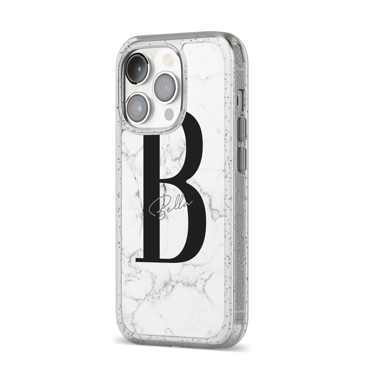 Monogrammed White Marble iPhone 14 Pro Glitter Tough Case Silver Angled Image