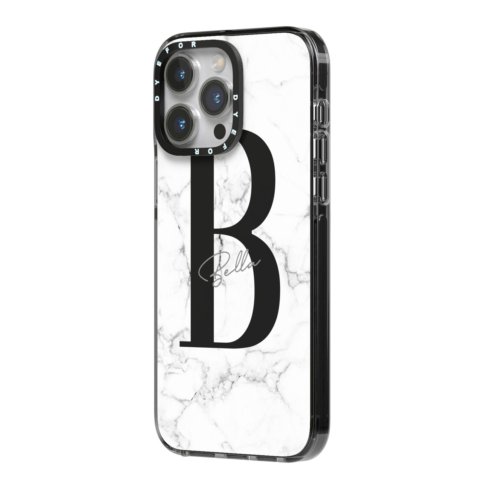 Monogrammed White Marble iPhone 14 Pro Max Black Impact Case Side Angle on Silver phone