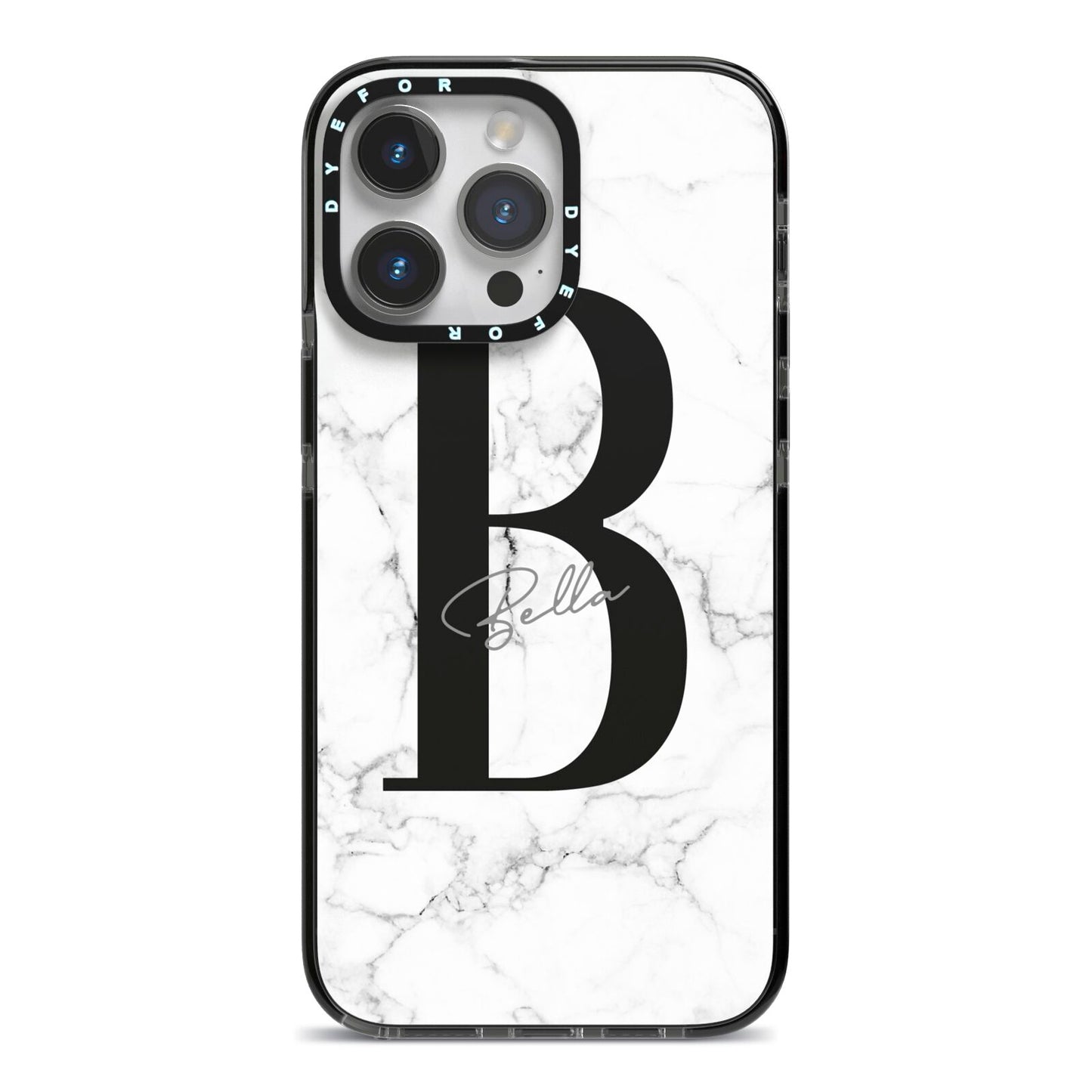 Monogrammed White Marble iPhone 14 Pro Max Black Impact Case on Silver phone