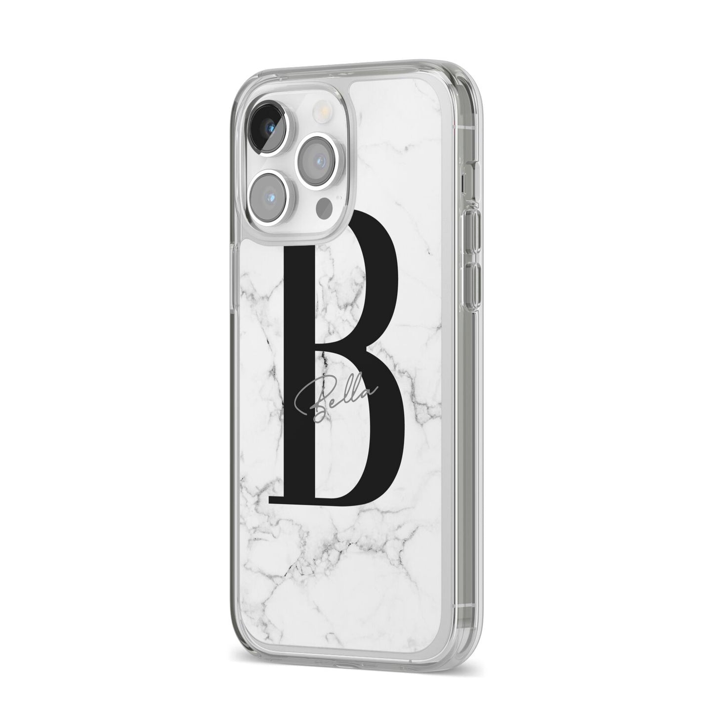 Monogrammed White Marble iPhone 14 Pro Max Clear Tough Case Silver Angled Image