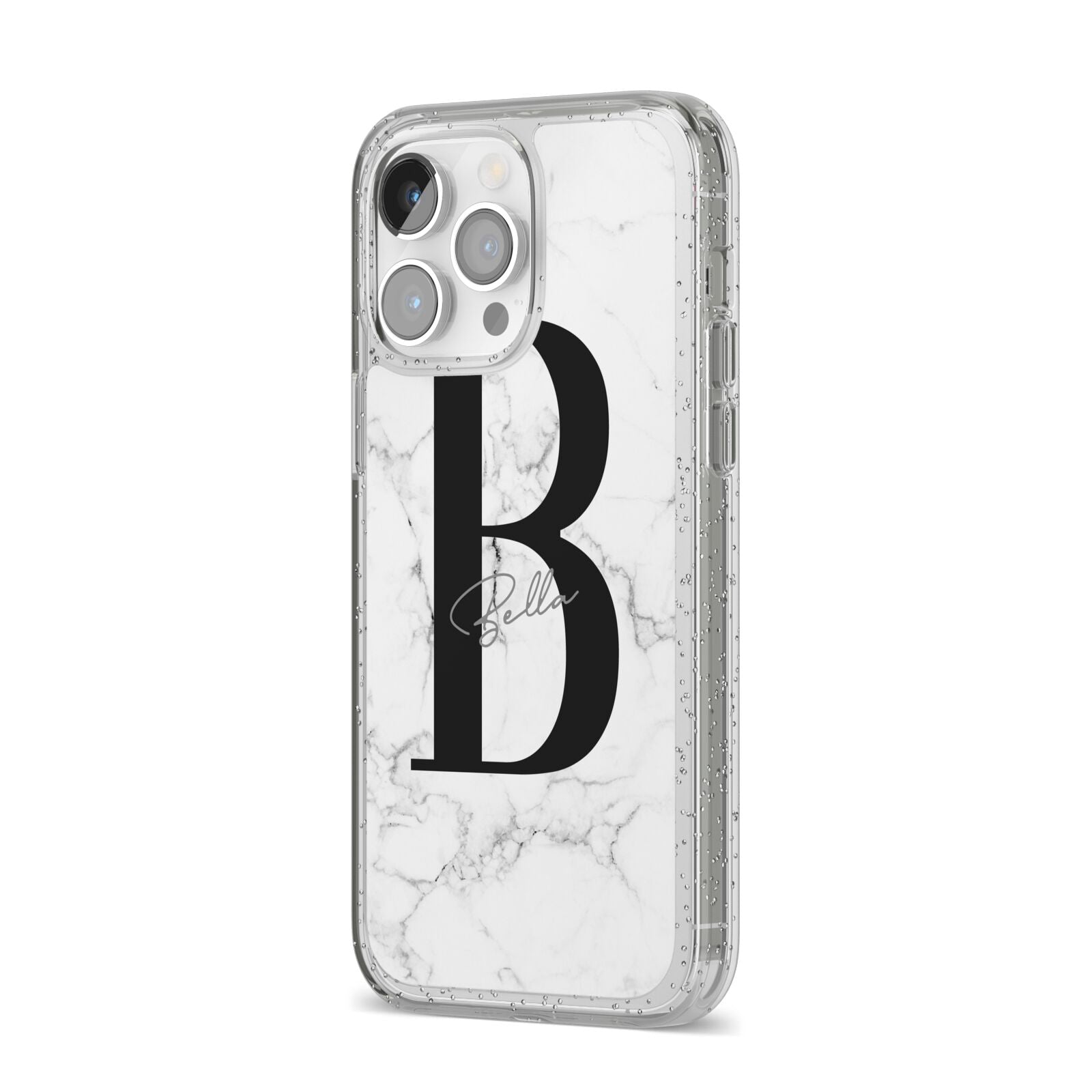 Monogrammed White Marble iPhone 14 Pro Max Glitter Tough Case Silver Angled Image
