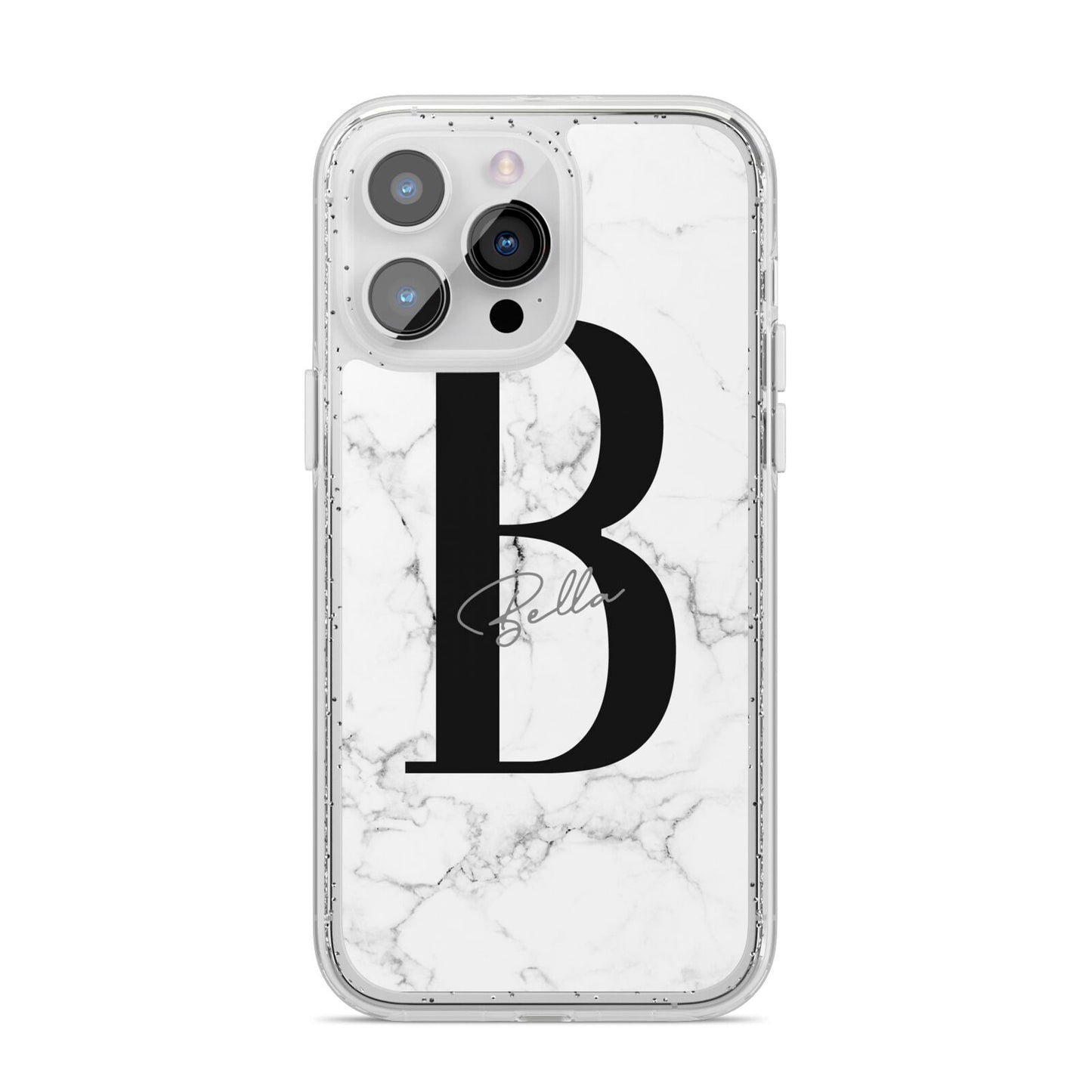 Monogrammed White Marble iPhone 14 Pro Max Glitter Tough Case Silver