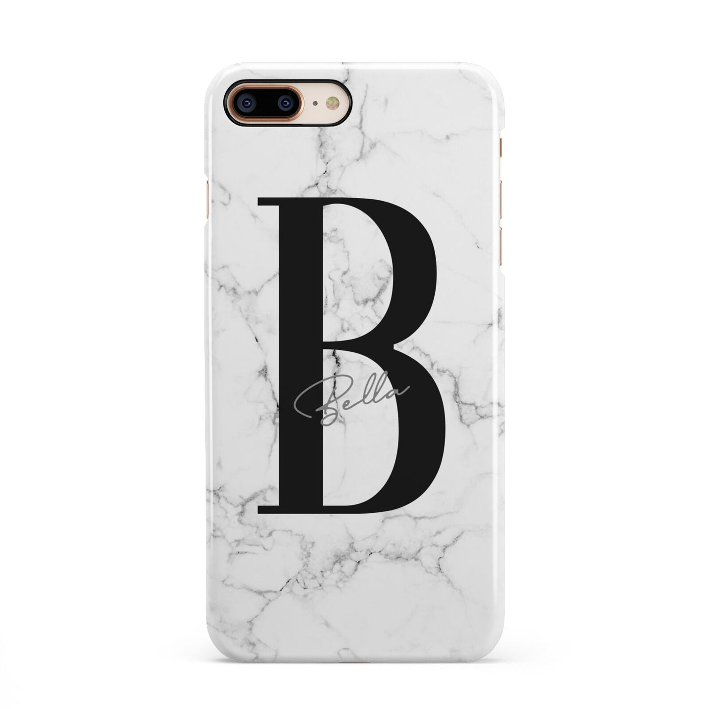 Monogrammed White Marble iPhone 8 Plus 3D Snap Case on Gold Phone