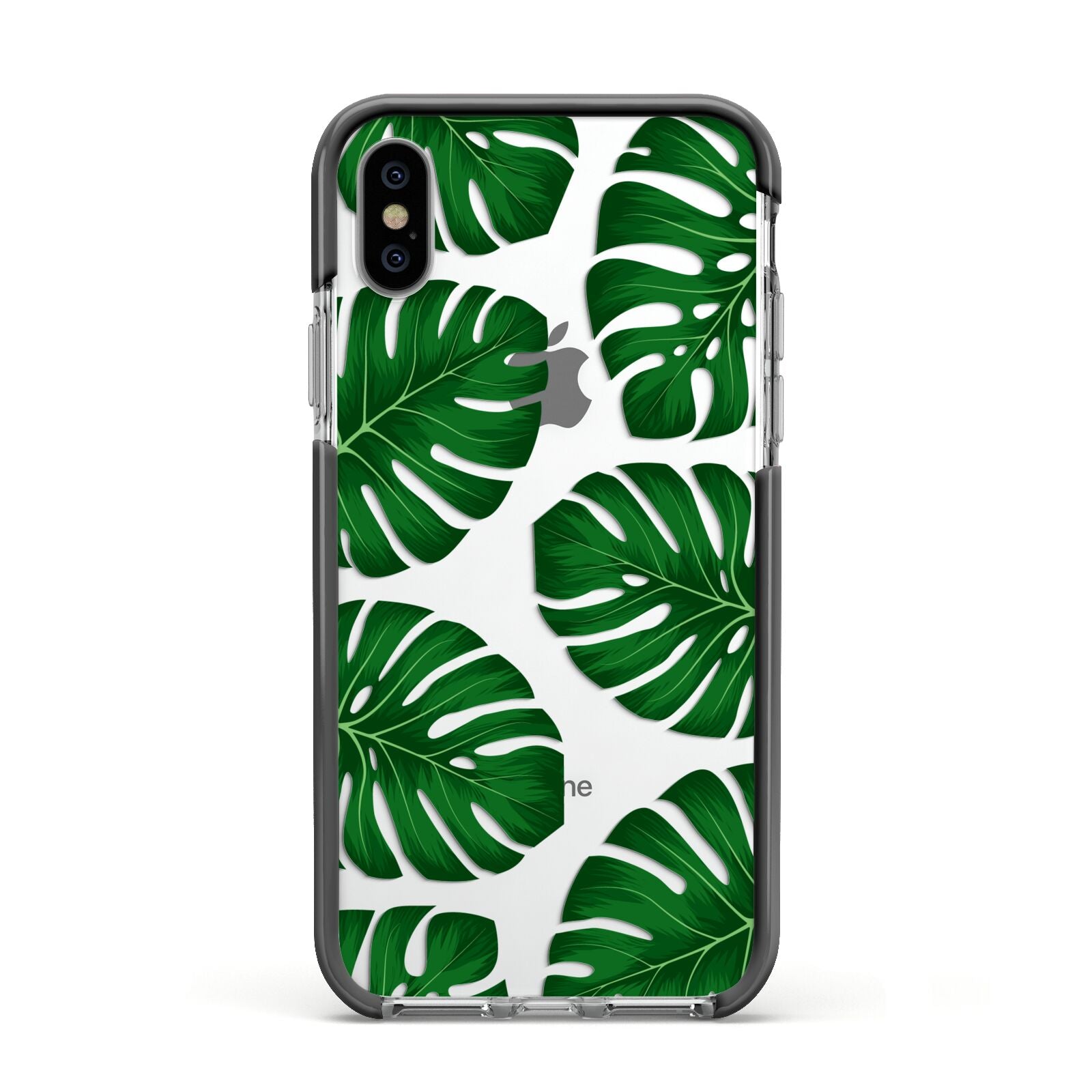 Monstera Leaf Apple iPhone Xs Impact Case Black Edge on Silver Phone