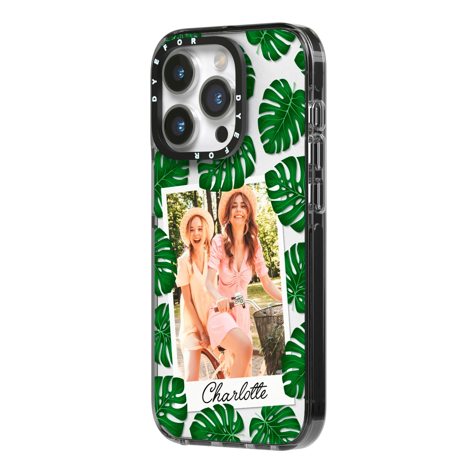 Monstera Leaf Instant Photo iPhone 14 Pro Black Impact Case Side Angle on Silver phone