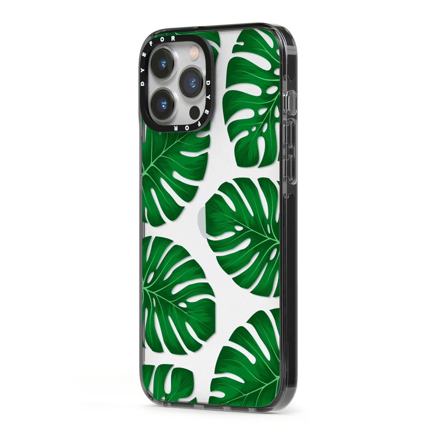 Monstera Leaf iPhone 13 Pro Max Black Impact Case Side Angle on Silver phone