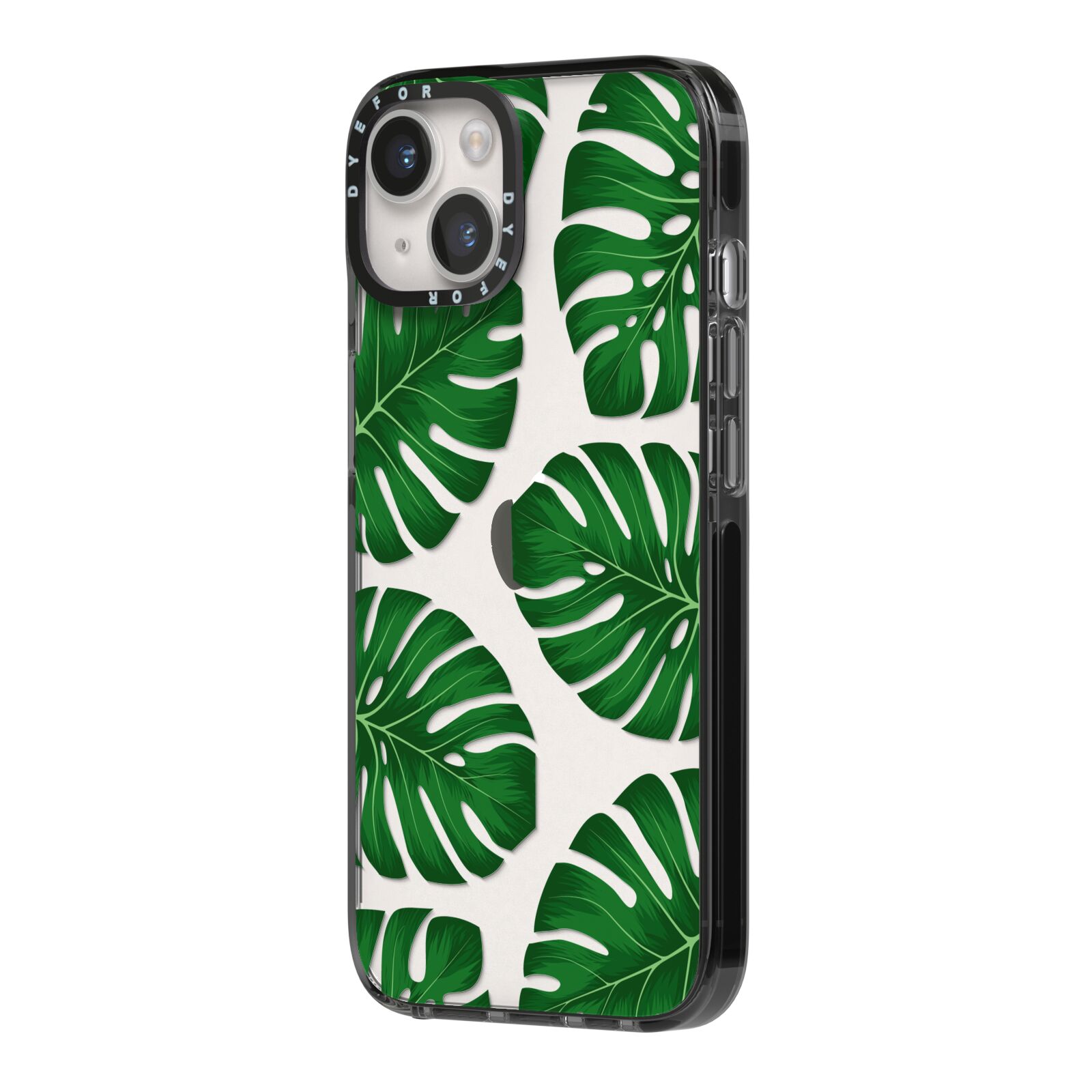 Monstera Leaf iPhone 14 Black Impact Case Side Angle on Silver phone