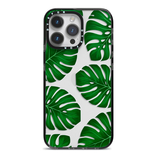 Monstera Leaf iPhone 14 Pro Max Black Impact Case on Silver phone