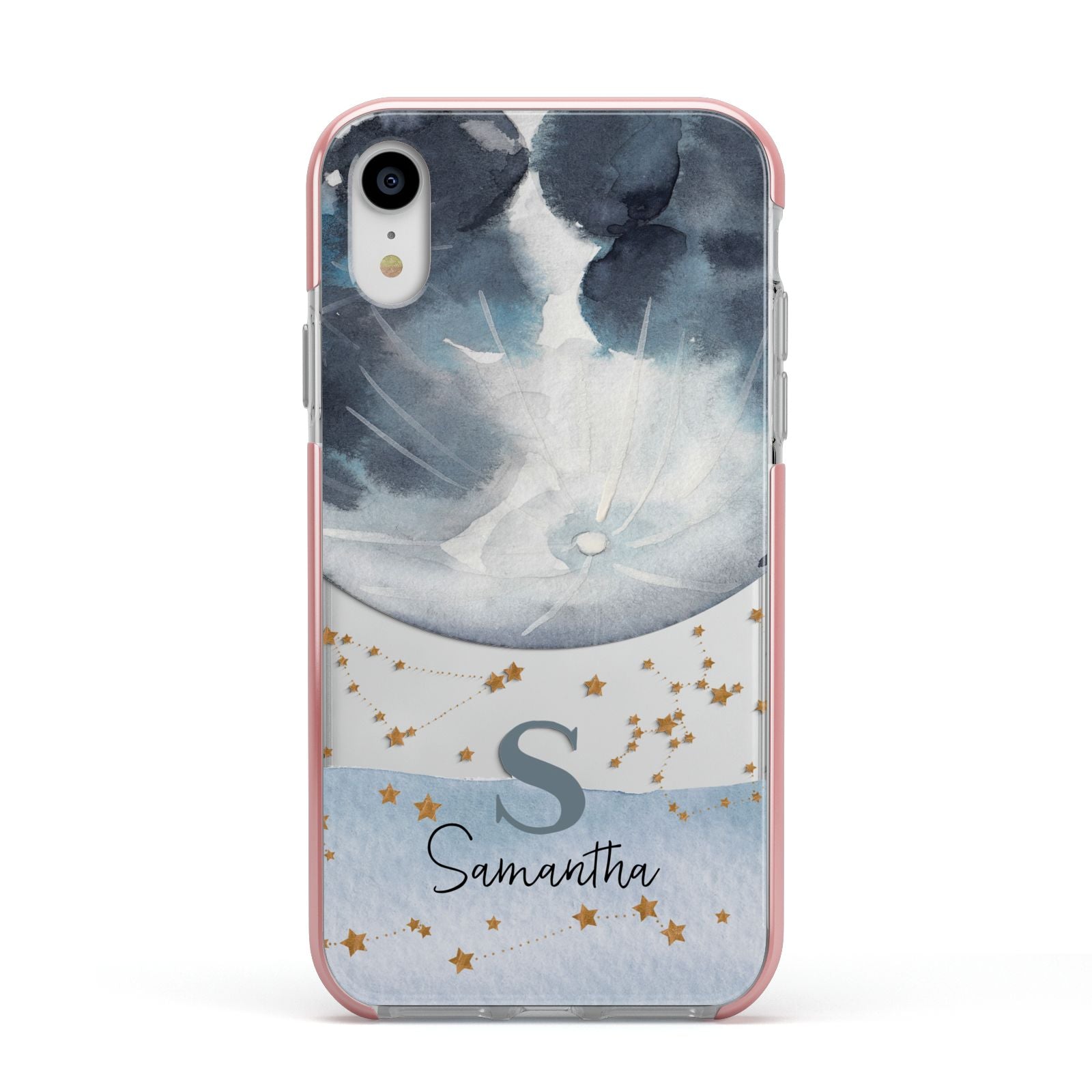 Moon Constellation Personalised Apple iPhone XR Impact Case Pink Edge on Silver Phone