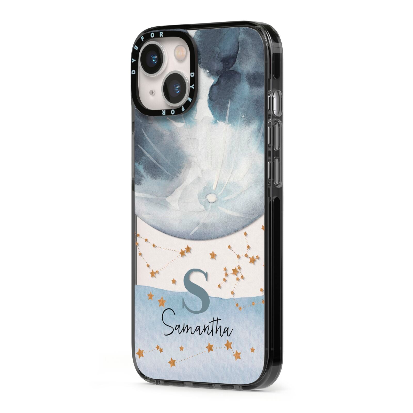 Moon Constellation Personalised iPhone 13 Black Impact Case Side Angle on Silver phone