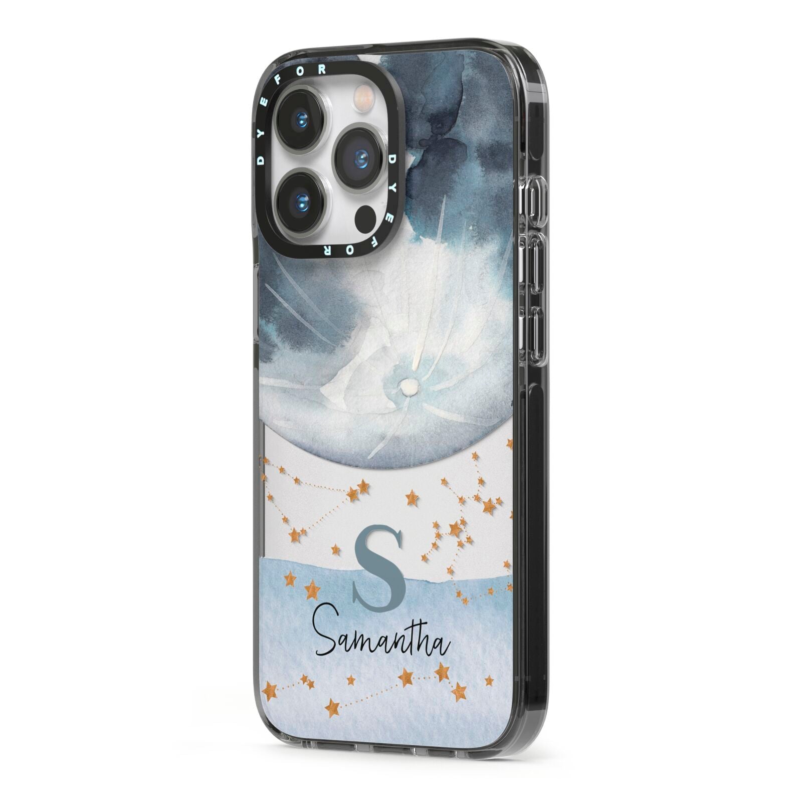 Moon Constellation Personalised iPhone 13 Pro Black Impact Case Side Angle on Silver phone