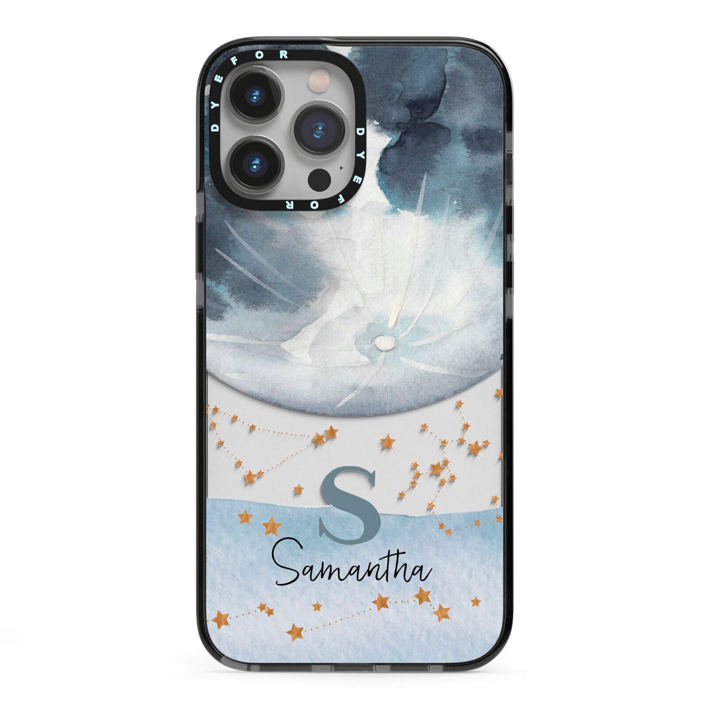 Moon Constellation Personalised iPhone 13 Pro Max Black Impact Case on Silver phone