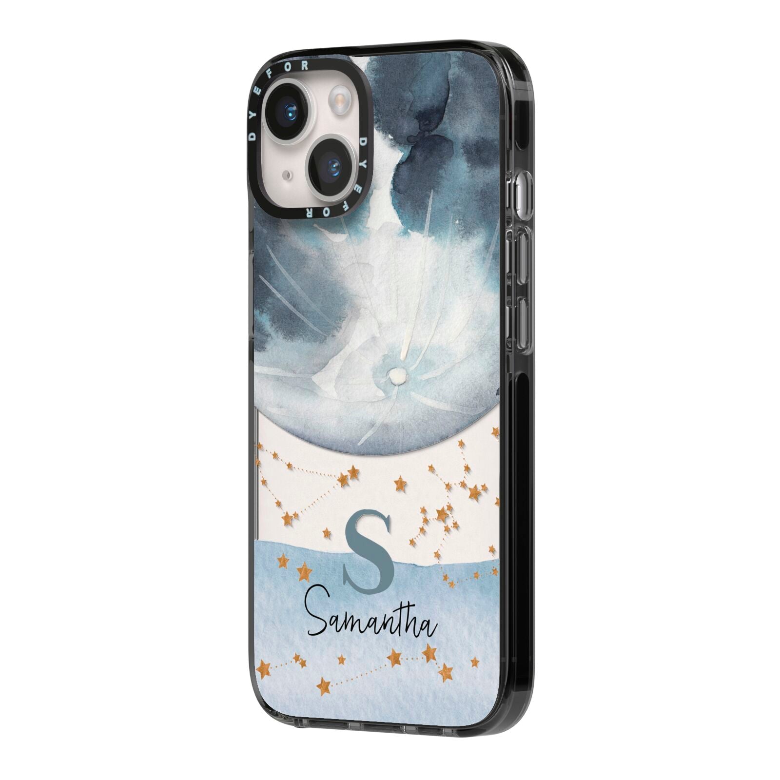 Moon Constellation Personalised iPhone 14 Black Impact Case Side Angle on Silver phone