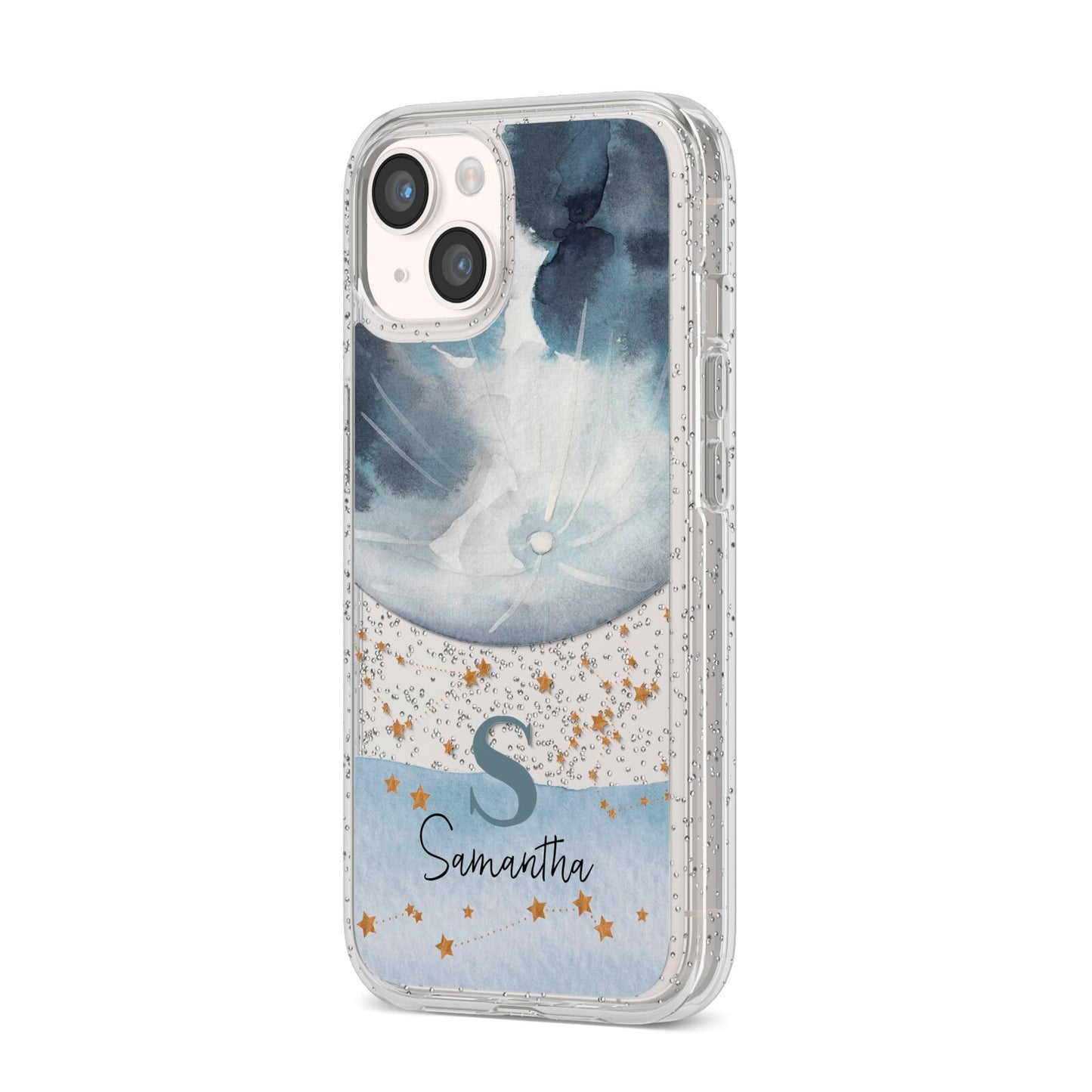 Moon Constellation Personalised iPhone 14 Glitter Tough Case Starlight Angled Image