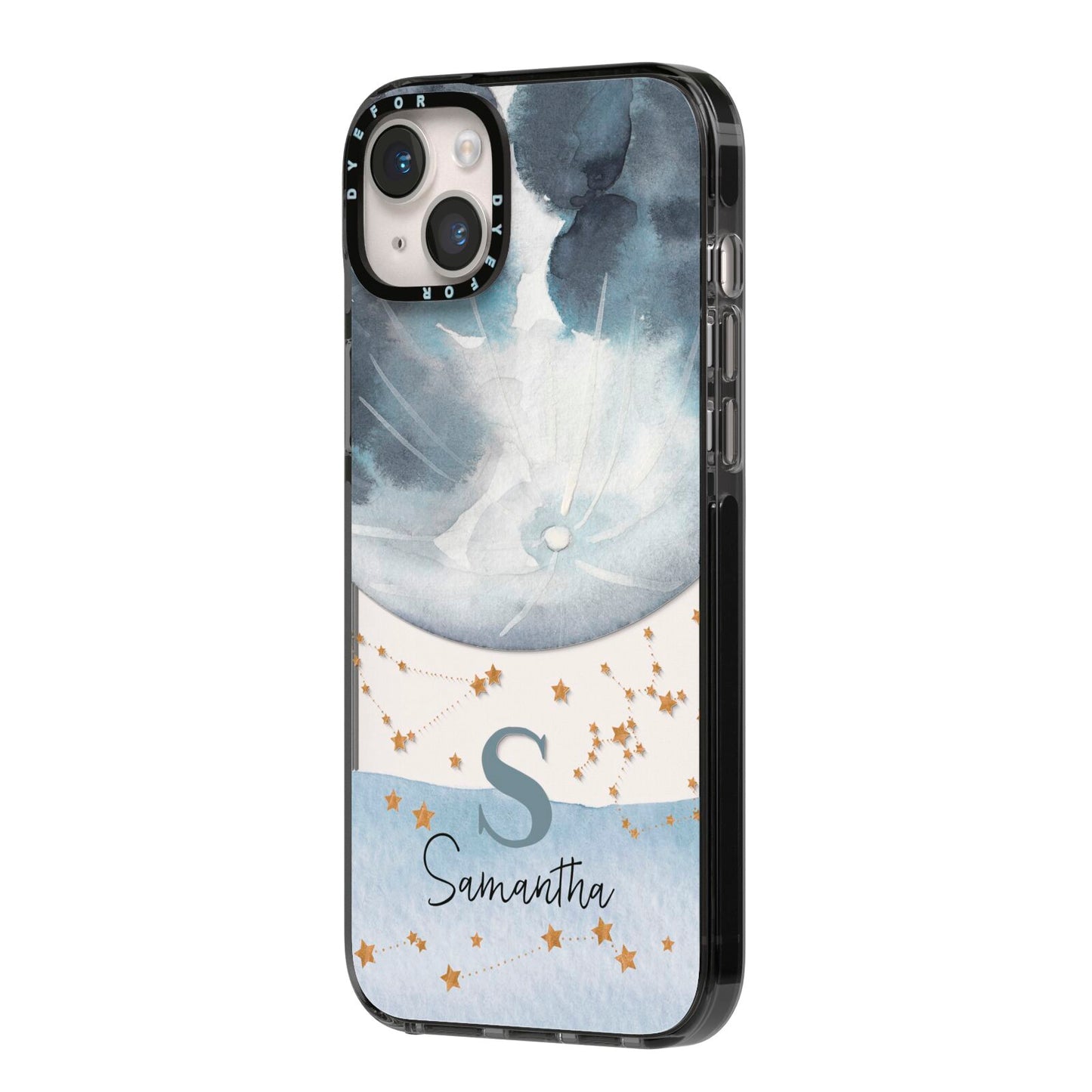 Moon Constellation Personalised iPhone 14 Plus Black Impact Case Side Angle on Silver phone