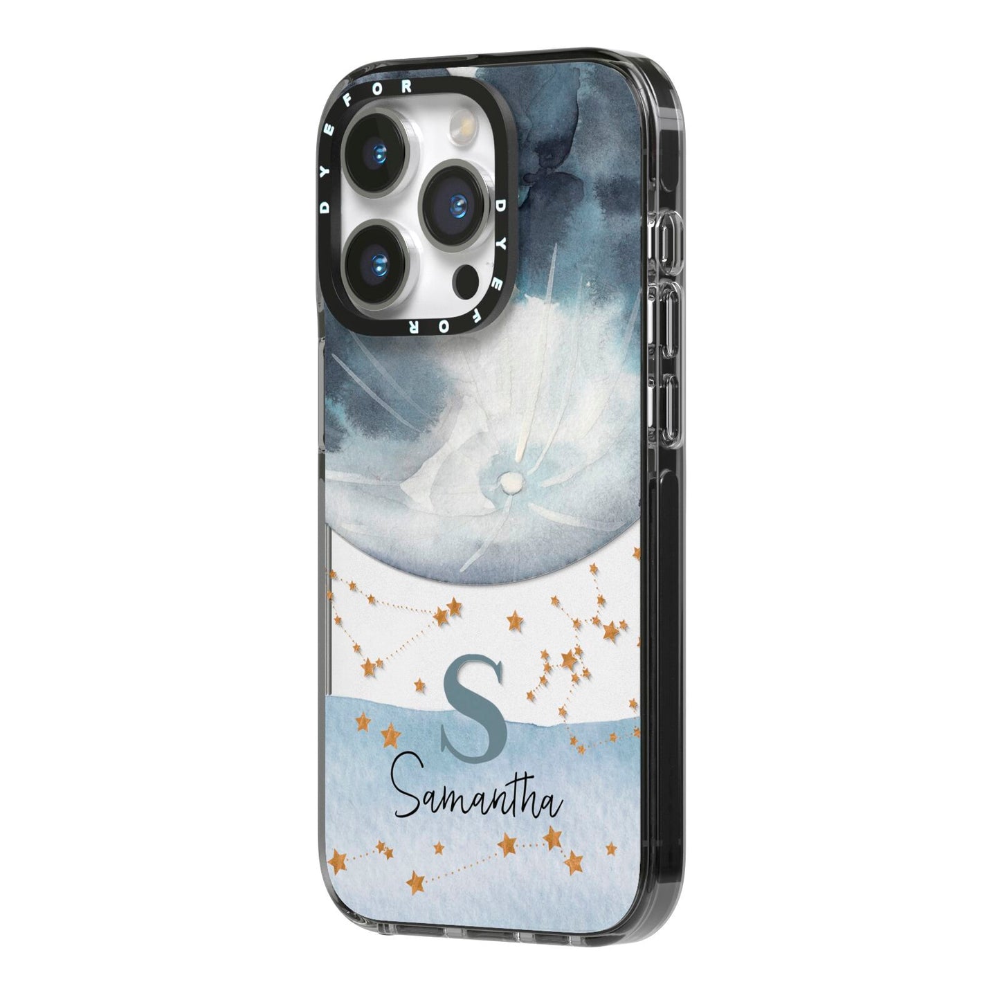 Moon Constellation Personalised iPhone 14 Pro Black Impact Case Side Angle on Silver phone