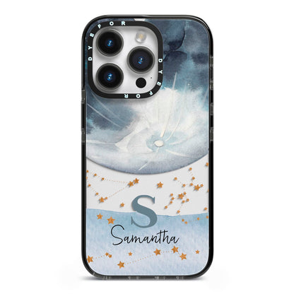 Moon Constellation Personalised iPhone 14 Pro Black Impact Case on Silver phone