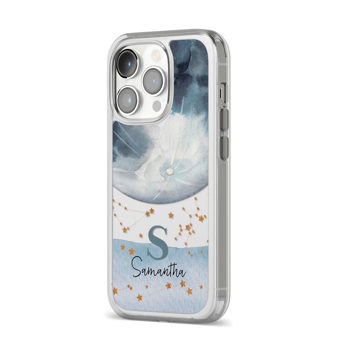 Moon Constellation Personalised iPhone 14 Pro Clear Tough Case Silver Angled Image