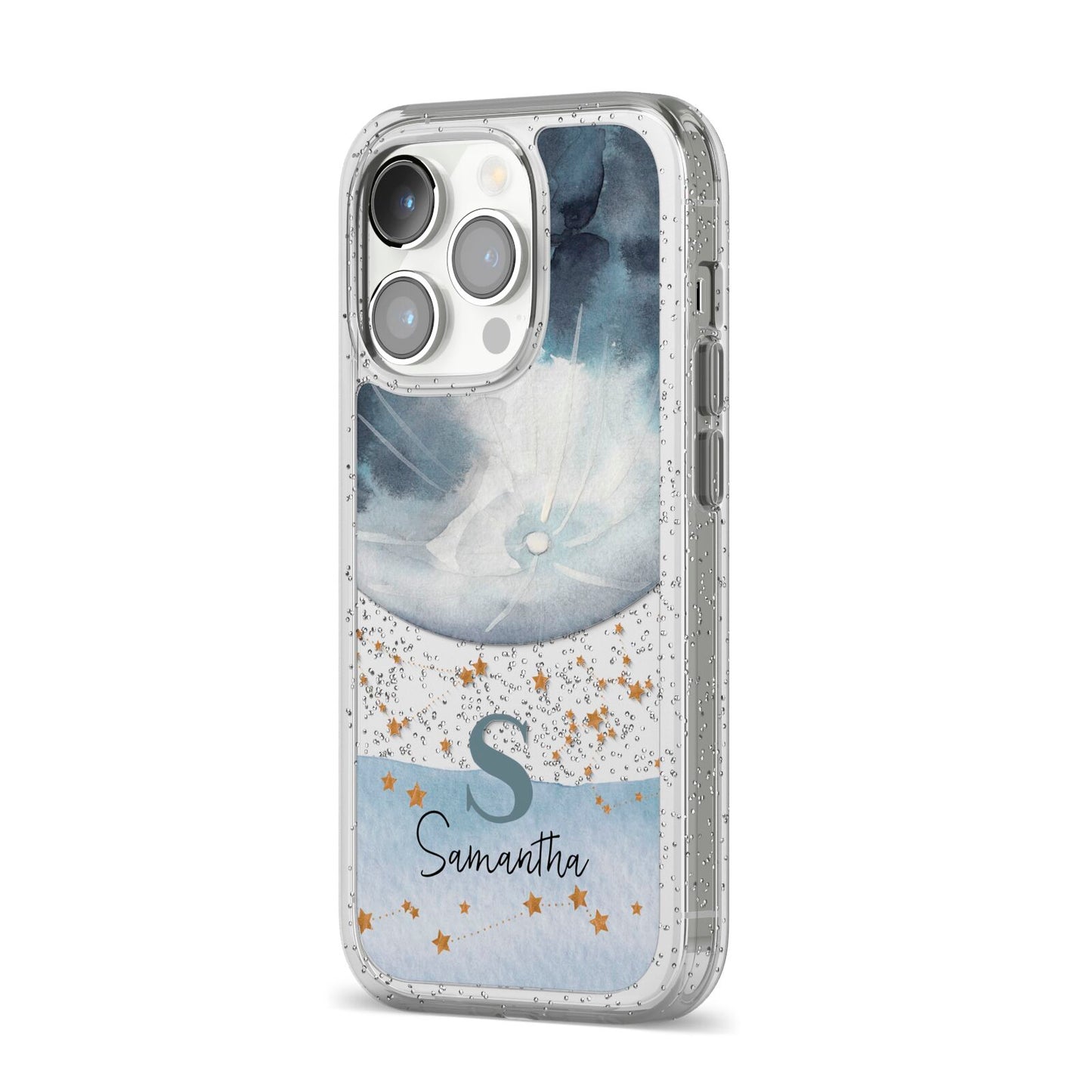 Moon Constellation Personalised iPhone 14 Pro Glitter Tough Case Silver Angled Image