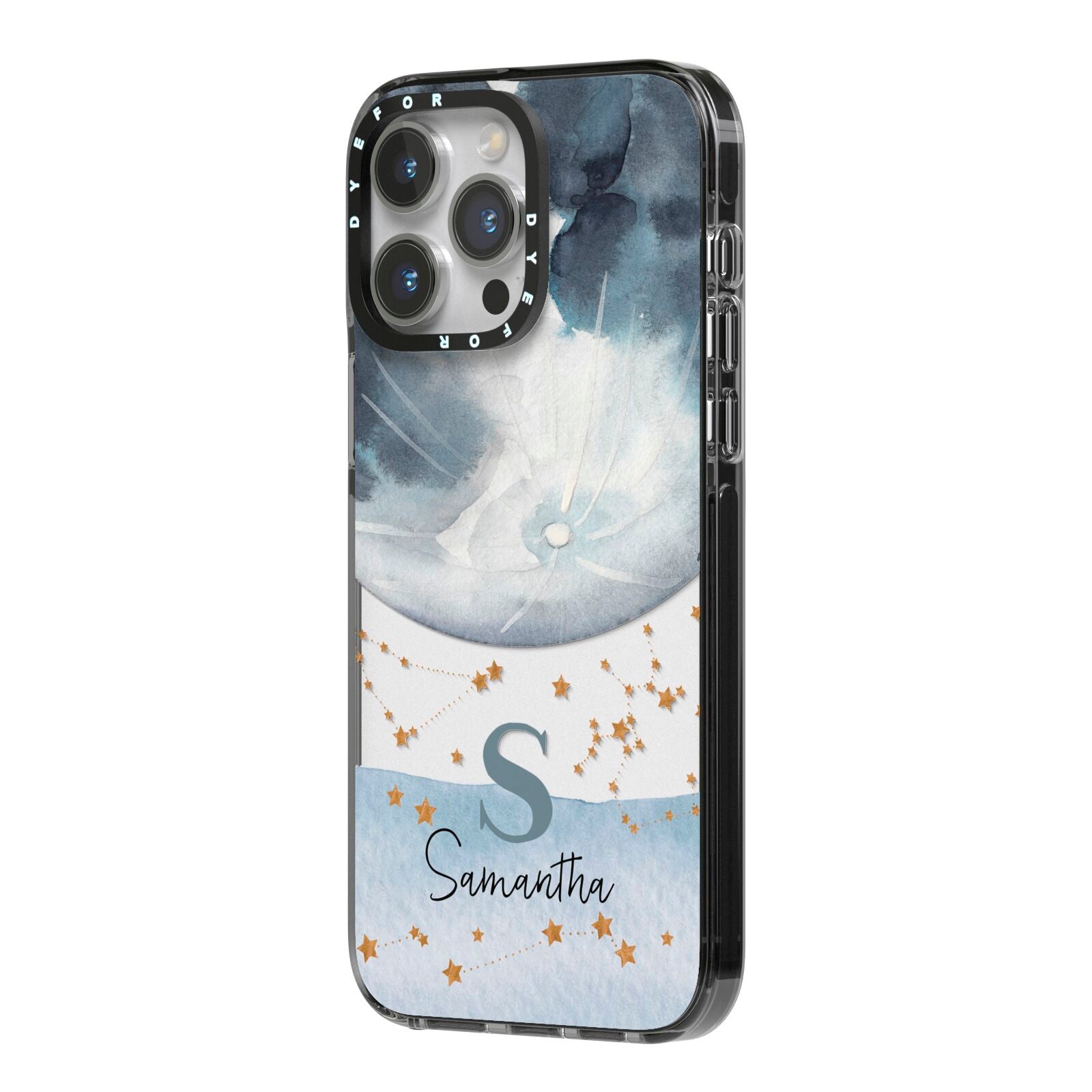 Moon Constellation Personalised iPhone 14 Pro Max Black Impact Case Side Angle on Silver phone