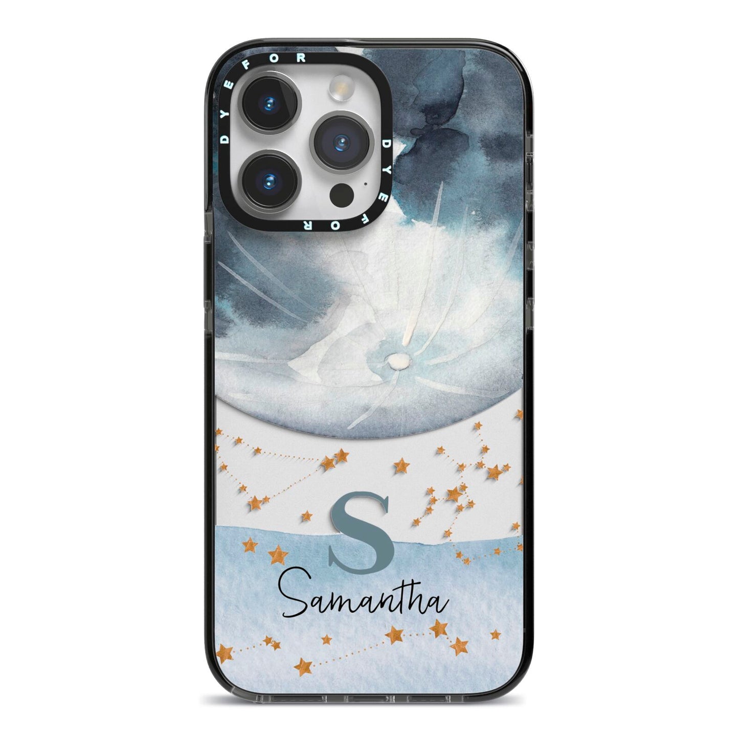 Moon Constellation Personalised iPhone 14 Pro Max Black Impact Case on Silver phone