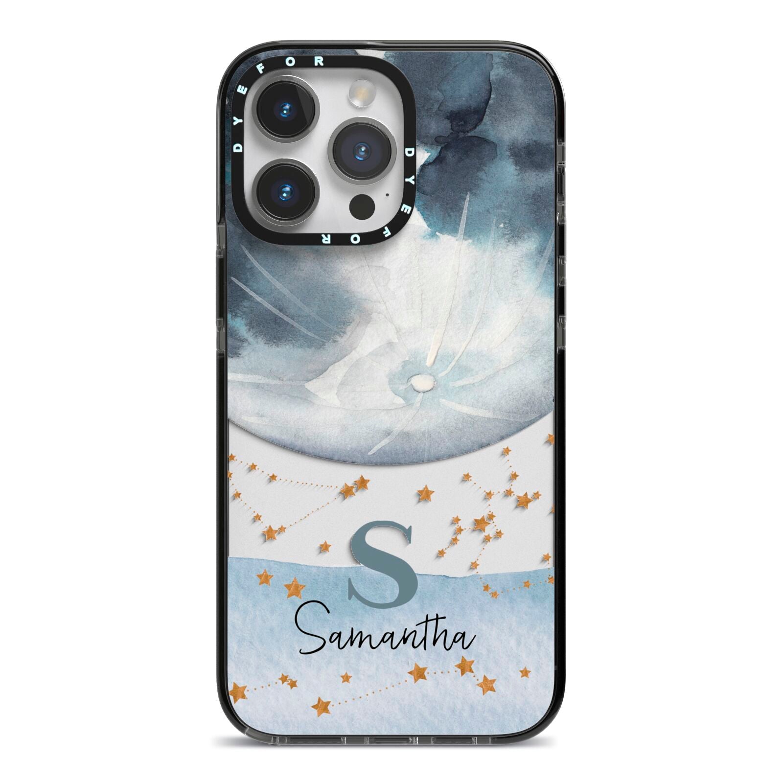 Moon Constellation Personalised iPhone 14 Pro Max Black Impact Case on Silver phone