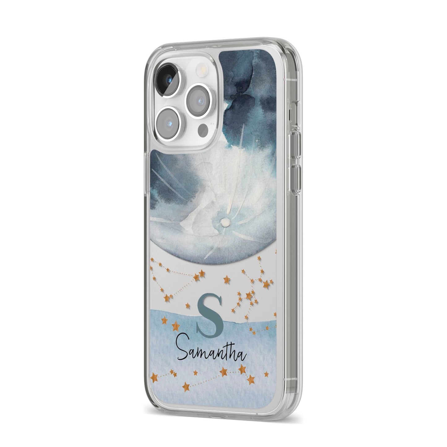 Moon Constellation Personalised iPhone 14 Pro Max Clear Tough Case Silver Angled Image