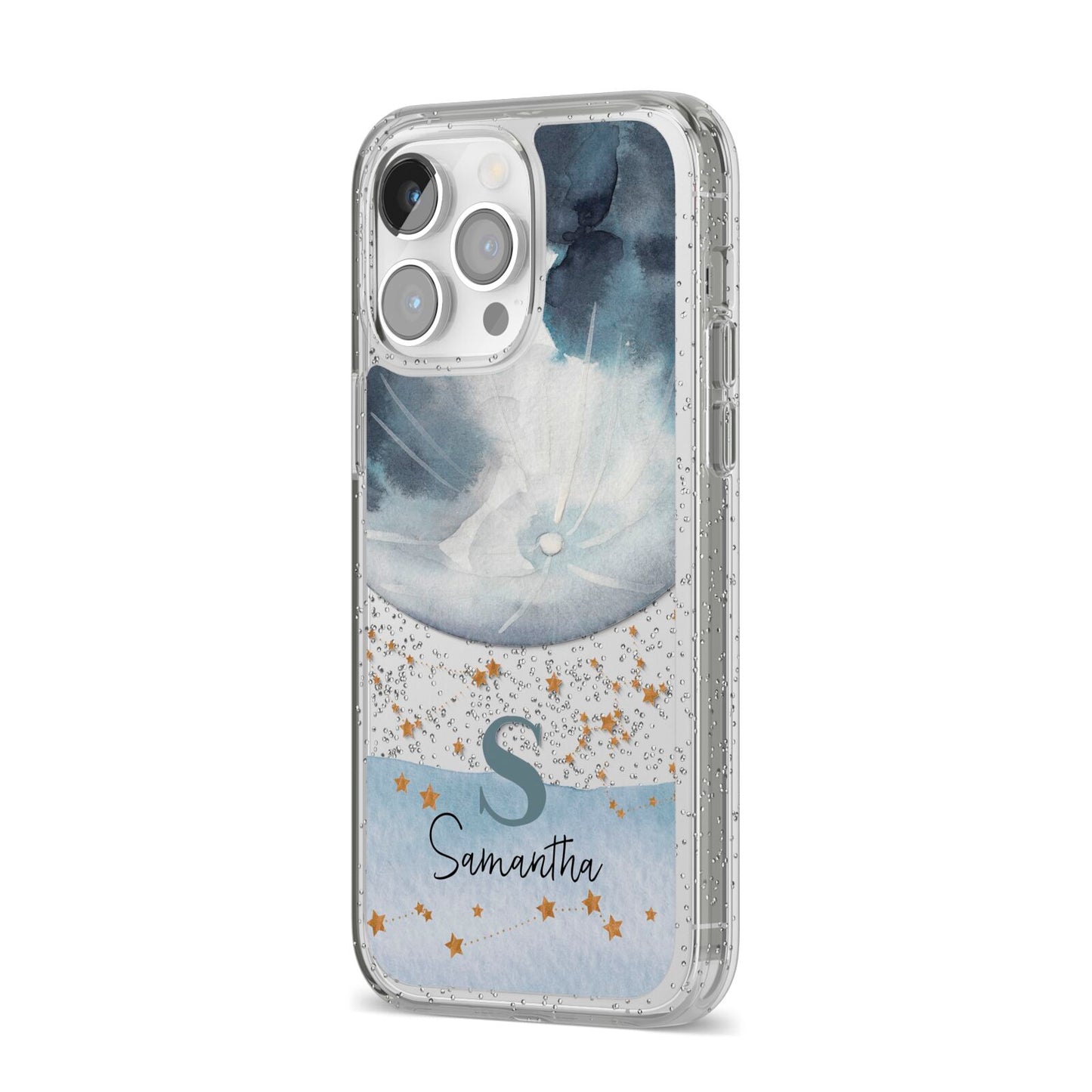 Moon Constellation Personalised iPhone 14 Pro Max Glitter Tough Case Silver Angled Image