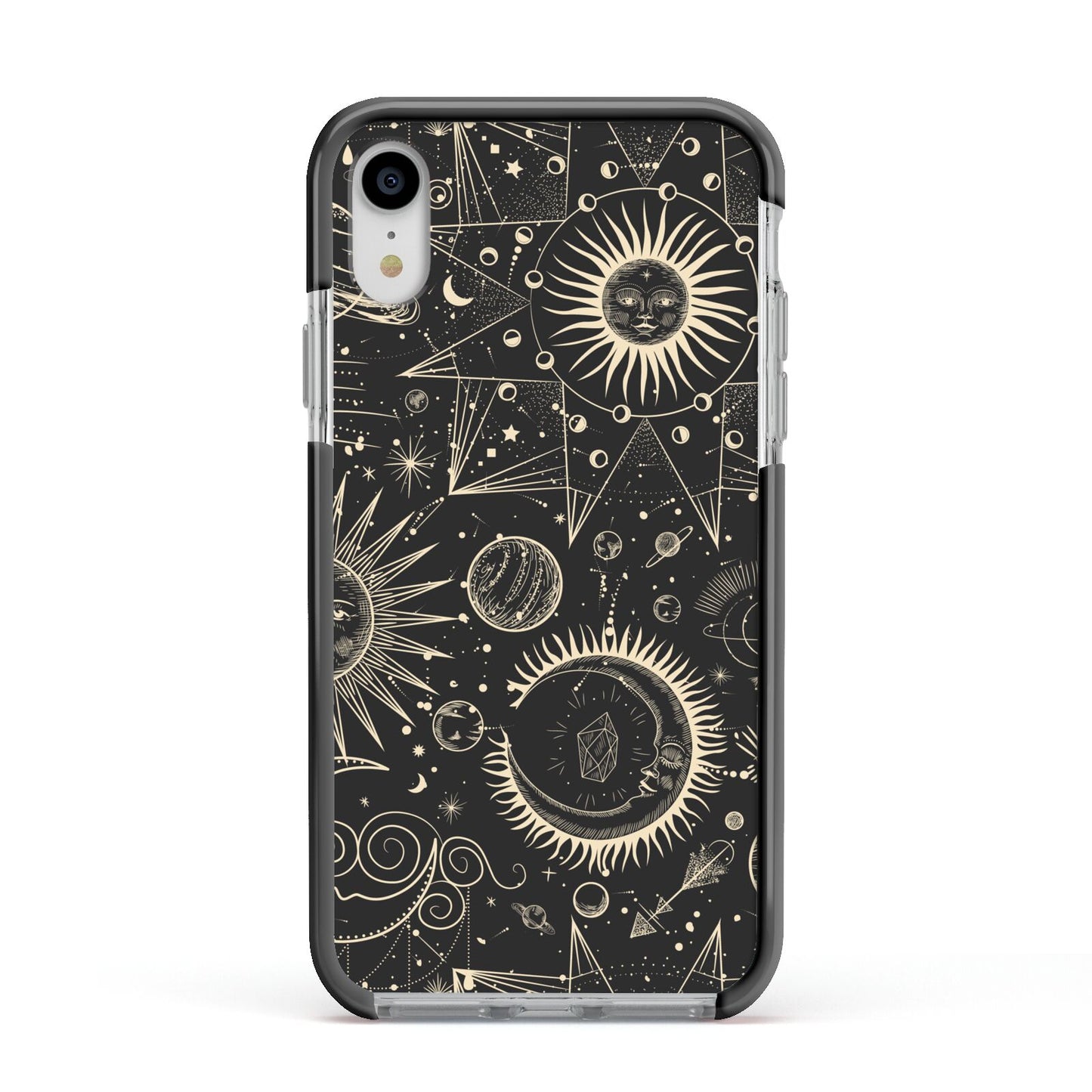 Moon Phases Apple iPhone XR Impact Case Black Edge on Silver Phone