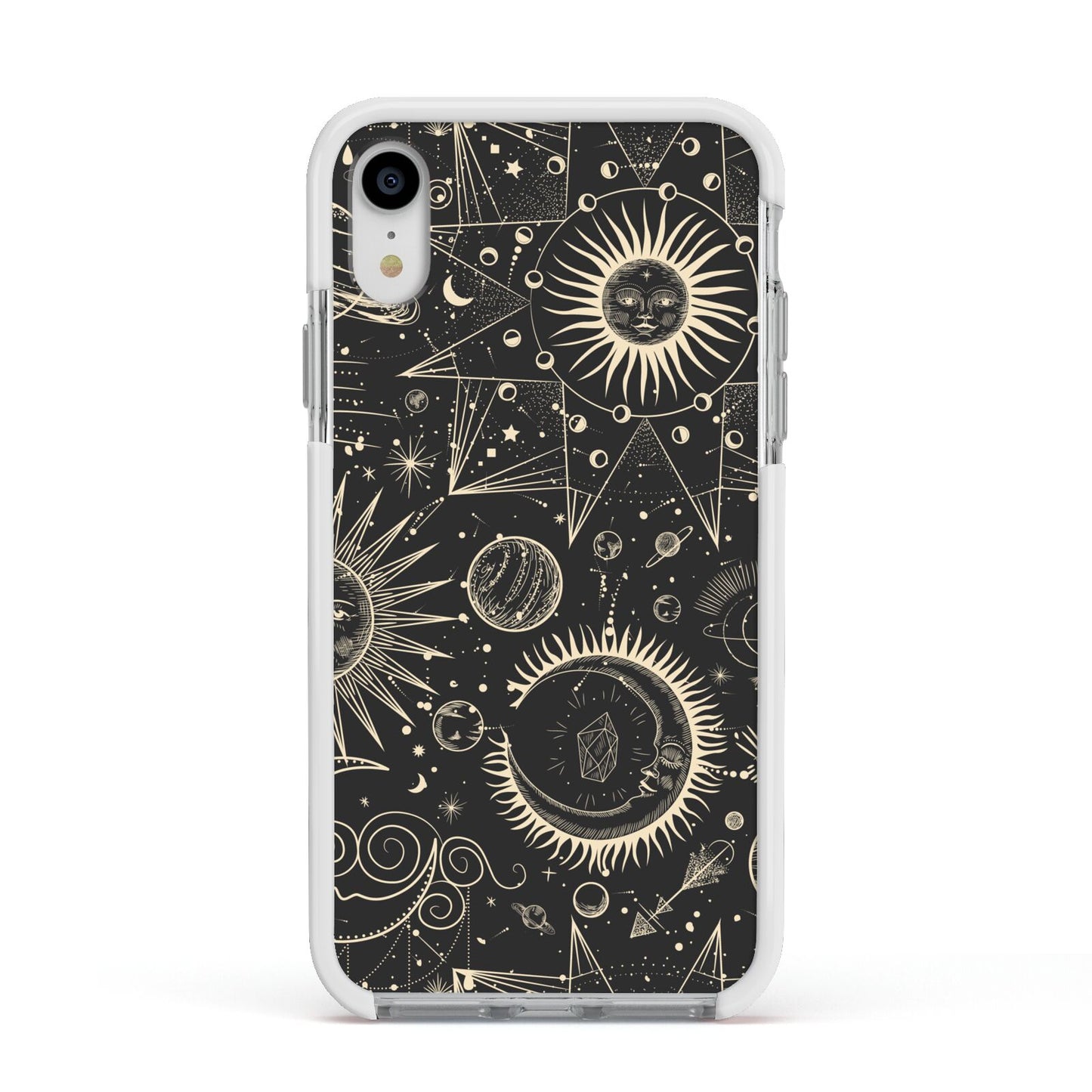 Moon Phases Apple iPhone XR Impact Case White Edge on Silver Phone
