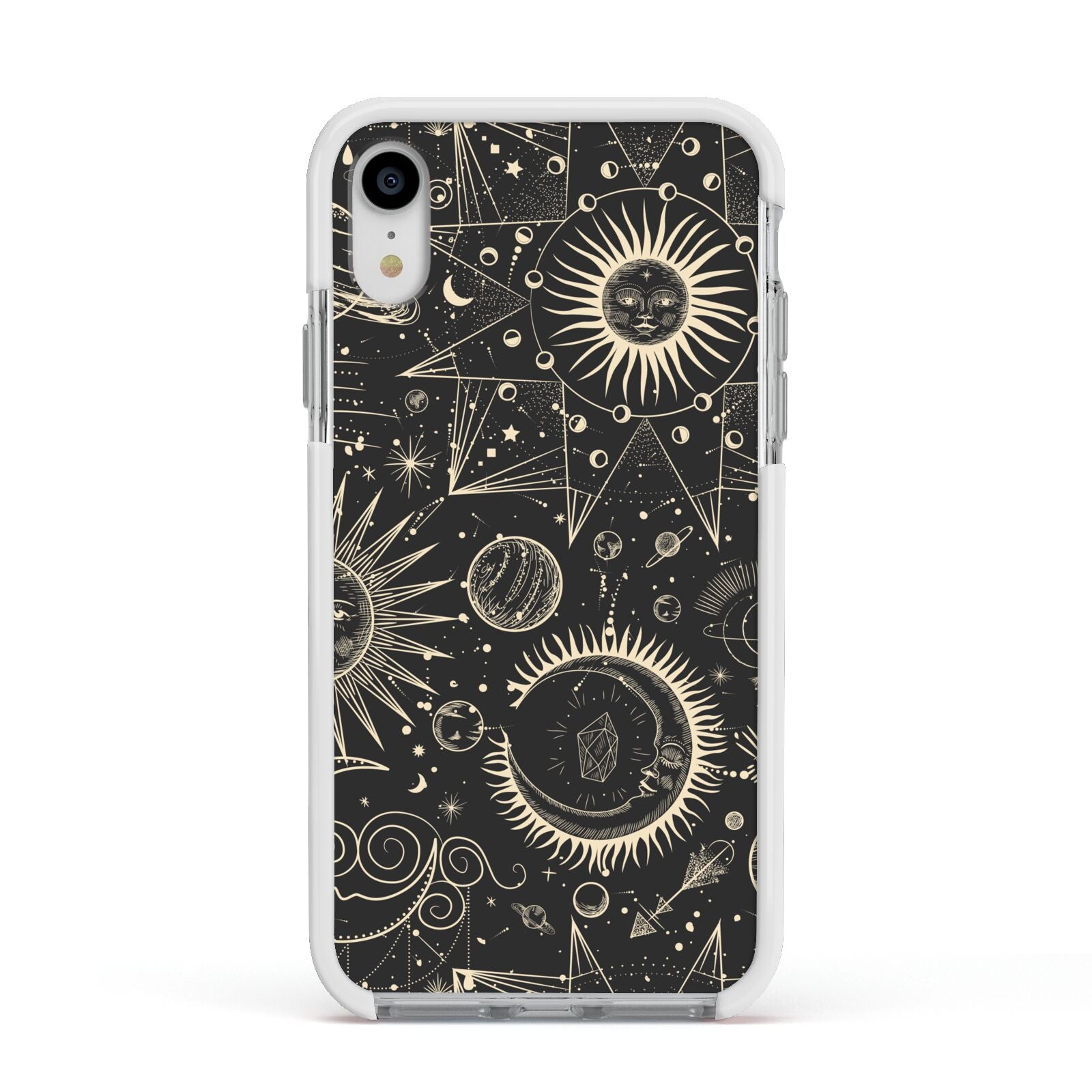 Moon Phases Apple iPhone XR Impact Case White Edge on Silver Phone