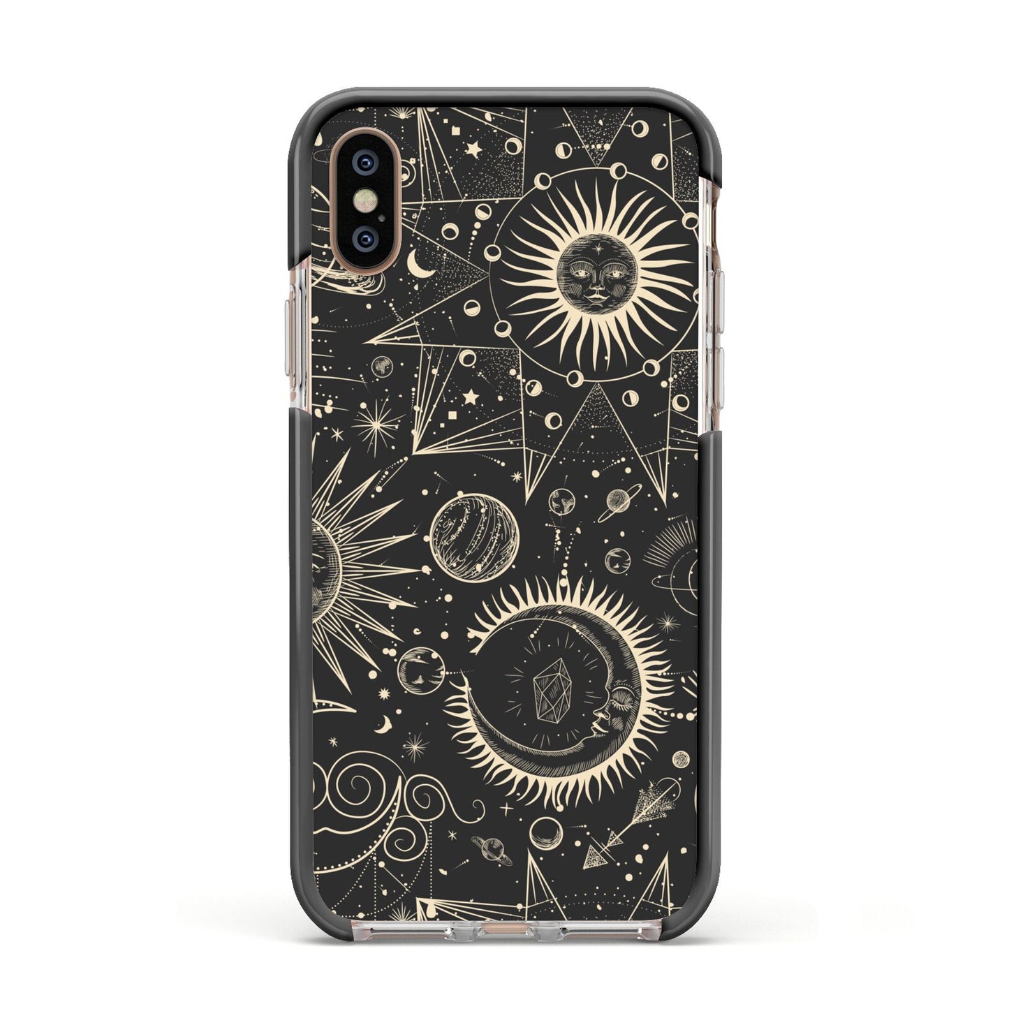 Moon Phases Apple iPhone Xs Impact Case Black Edge on Gold Phone