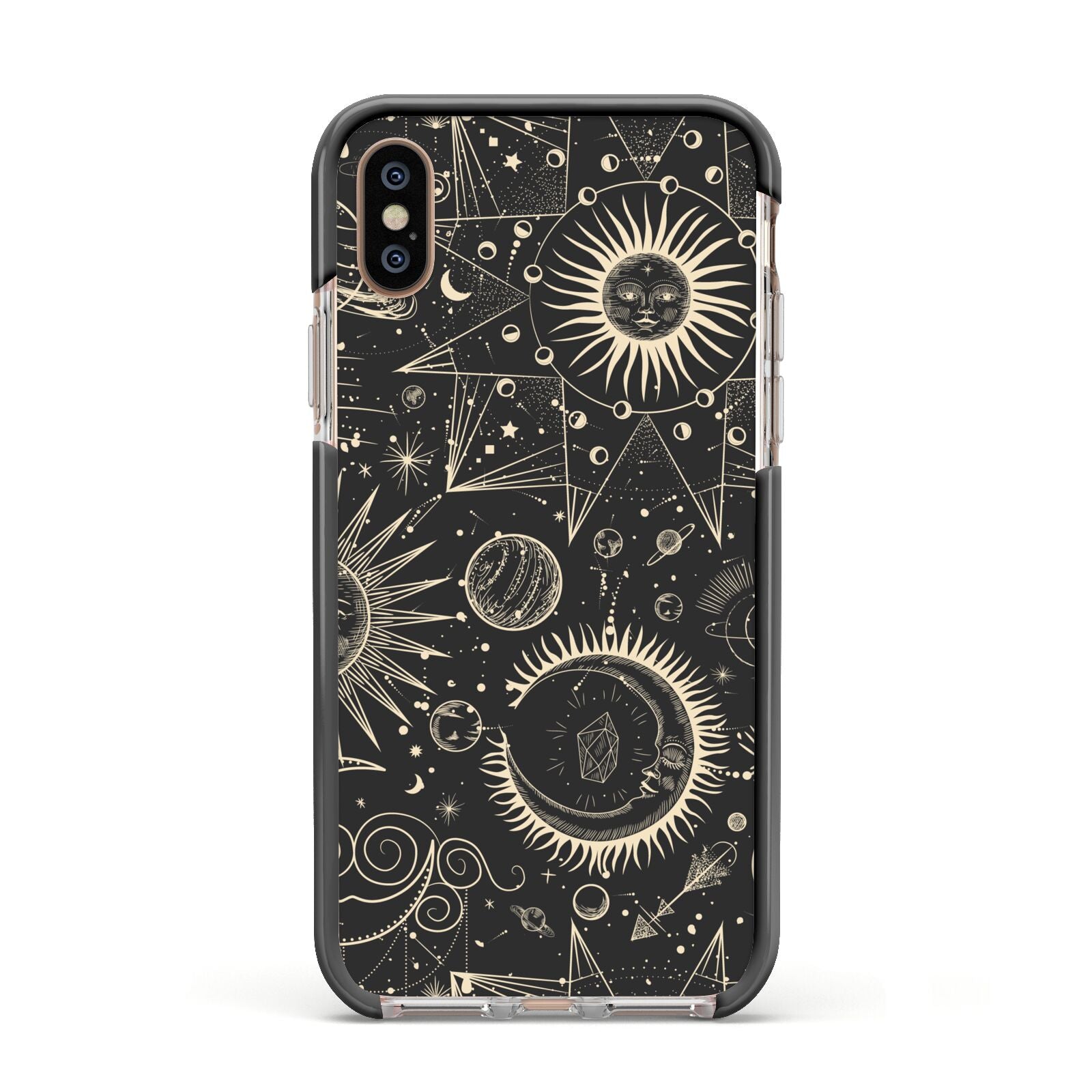 Moon Phases Apple iPhone Xs Impact Case Black Edge on Gold Phone