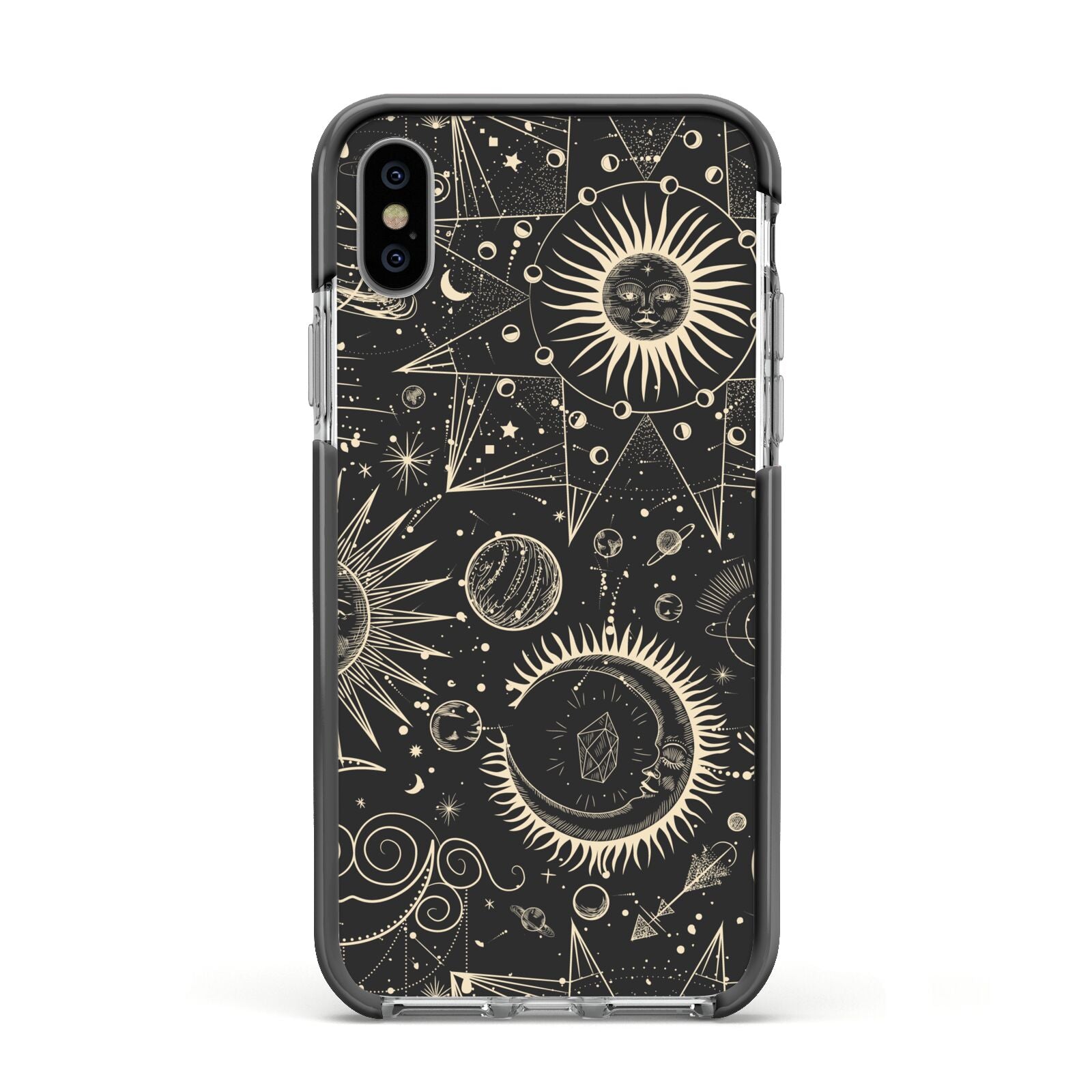 Moon Phases Apple iPhone Xs Impact Case Black Edge on Silver Phone