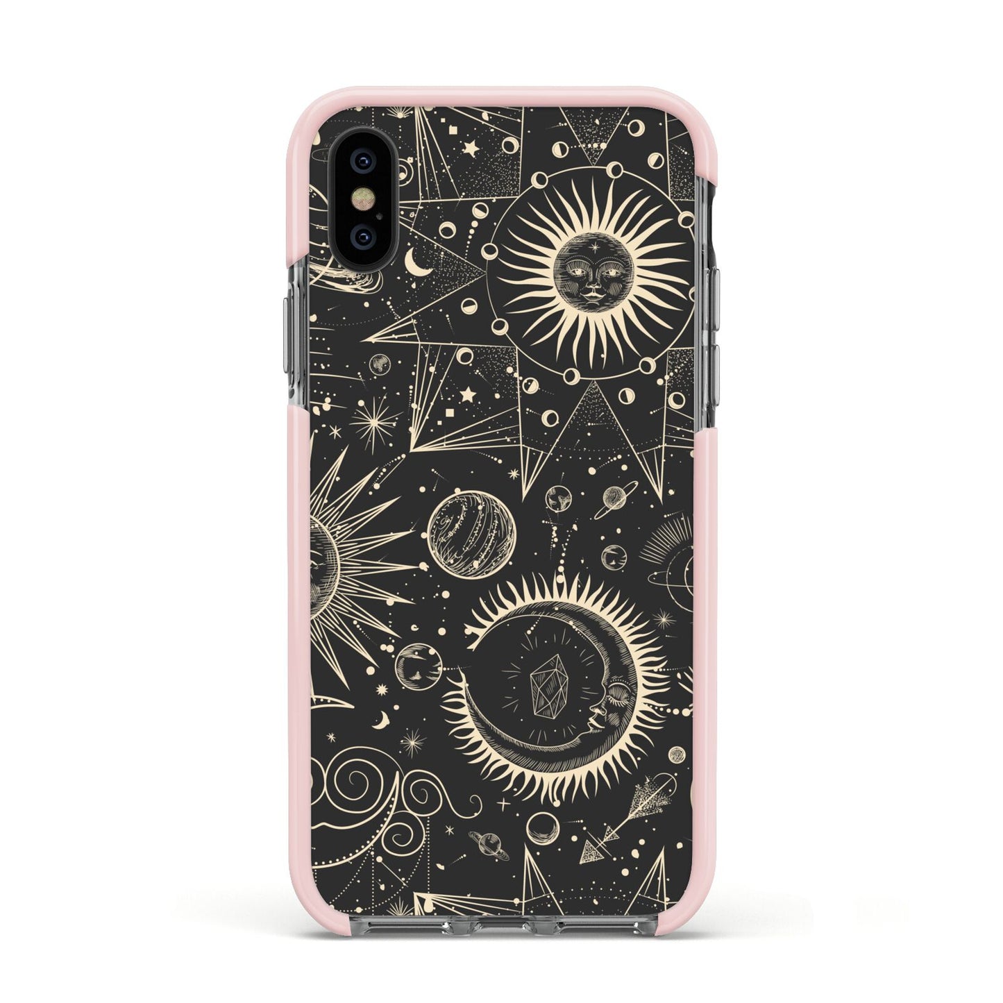 Moon Phases Apple iPhone Xs Impact Case Pink Edge on Black Phone