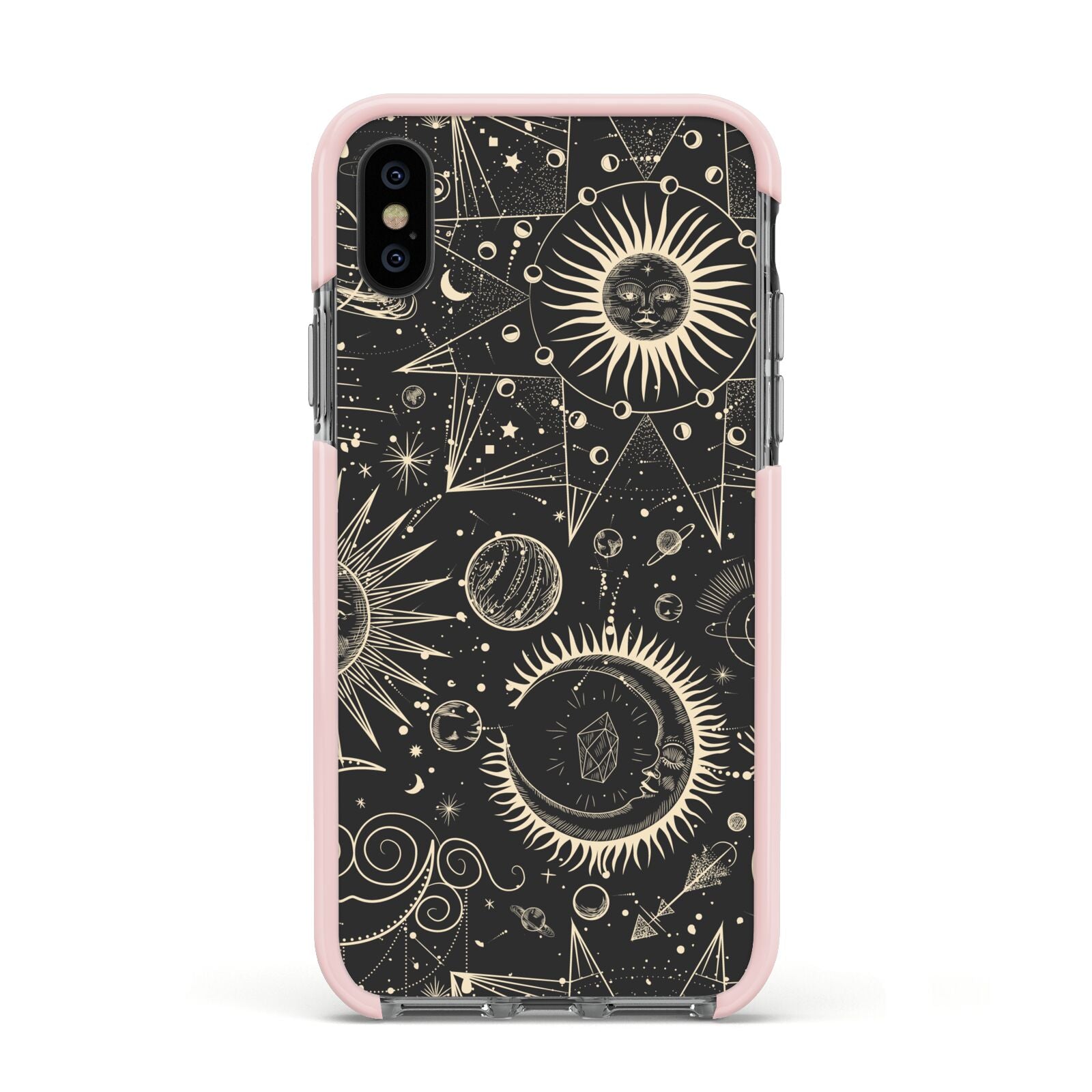Moon Phases Apple iPhone Xs Impact Case Pink Edge on Black Phone