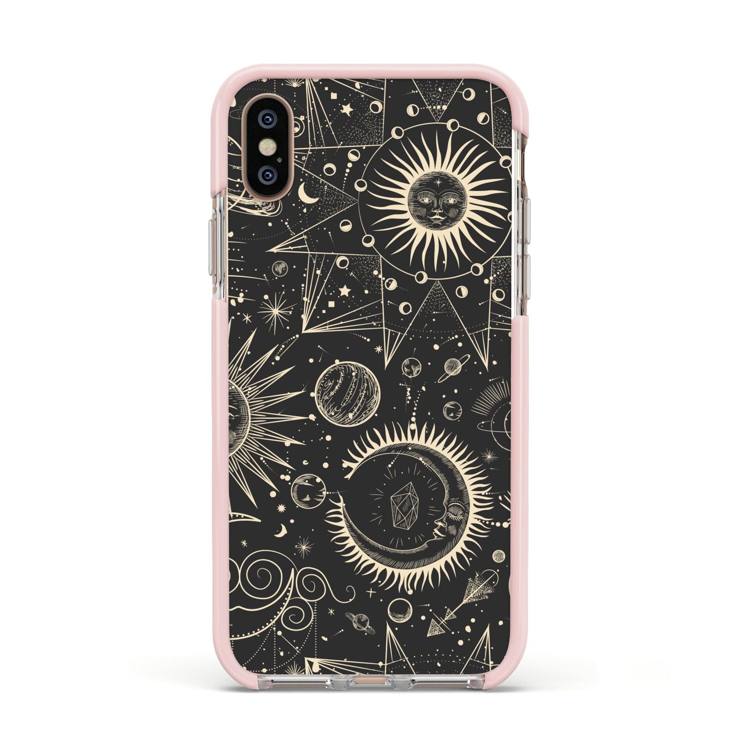 Moon Phases Apple iPhone Xs Impact Case Pink Edge on Gold Phone